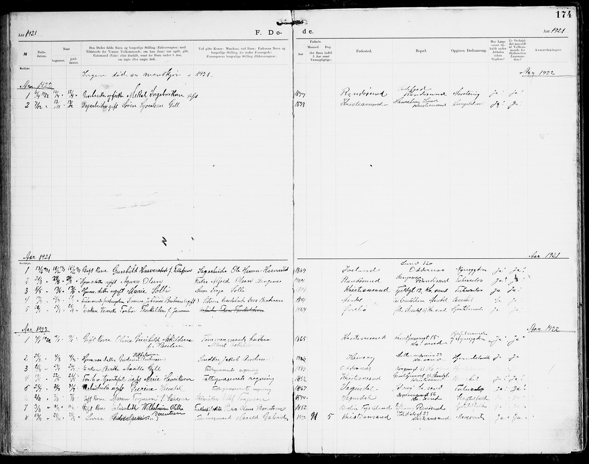 Den evangelisk-lutherske frikirke, Kristiansand, AV/SAK-1292-0017/F/Fa/L0003: Dissenter register no. F 11, 1892-1925, p. 174