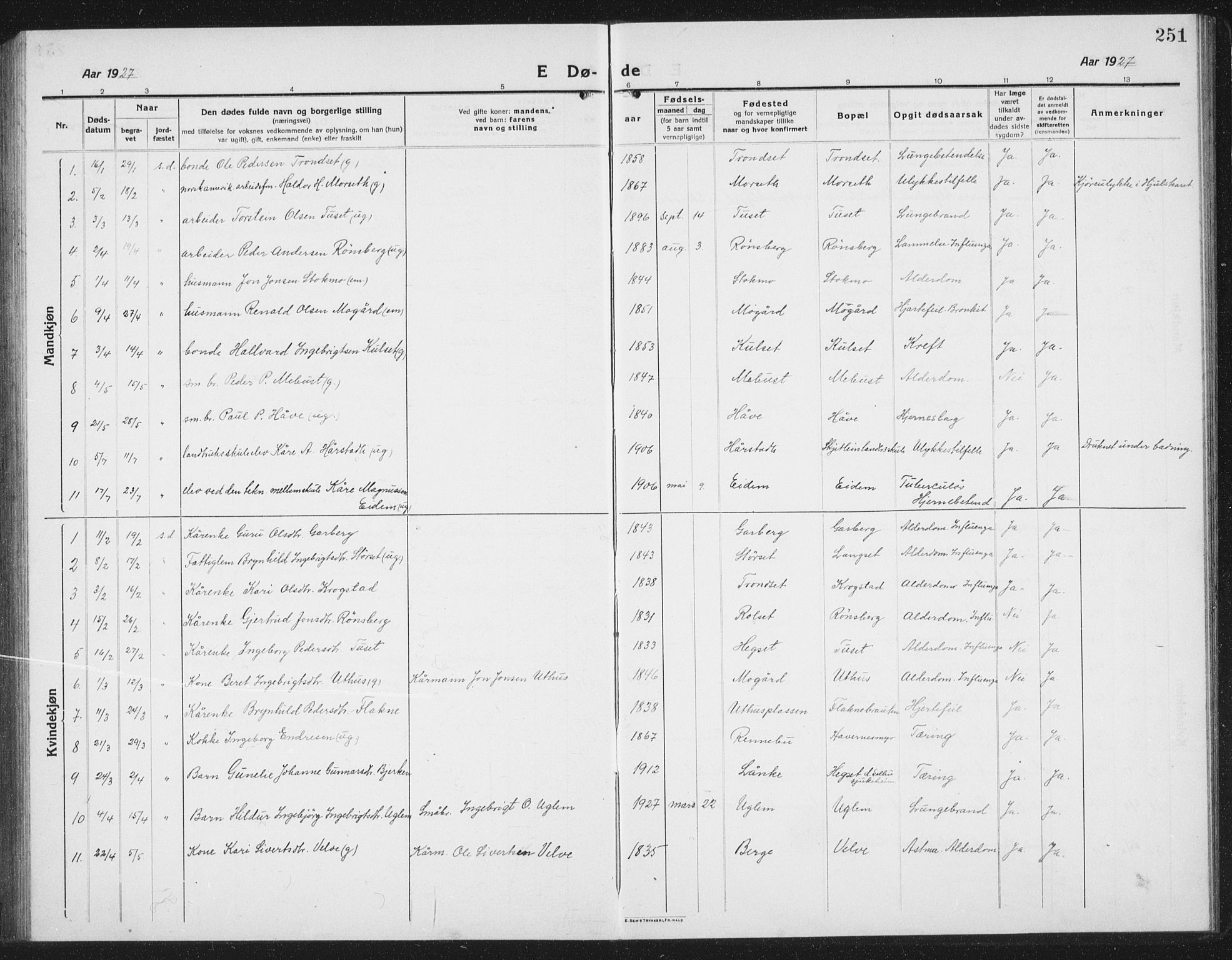 Ministerialprotokoller, klokkerbøker og fødselsregistre - Sør-Trøndelag, SAT/A-1456/695/L1158: Parish register (copy) no. 695C09, 1913-1940, p. 251