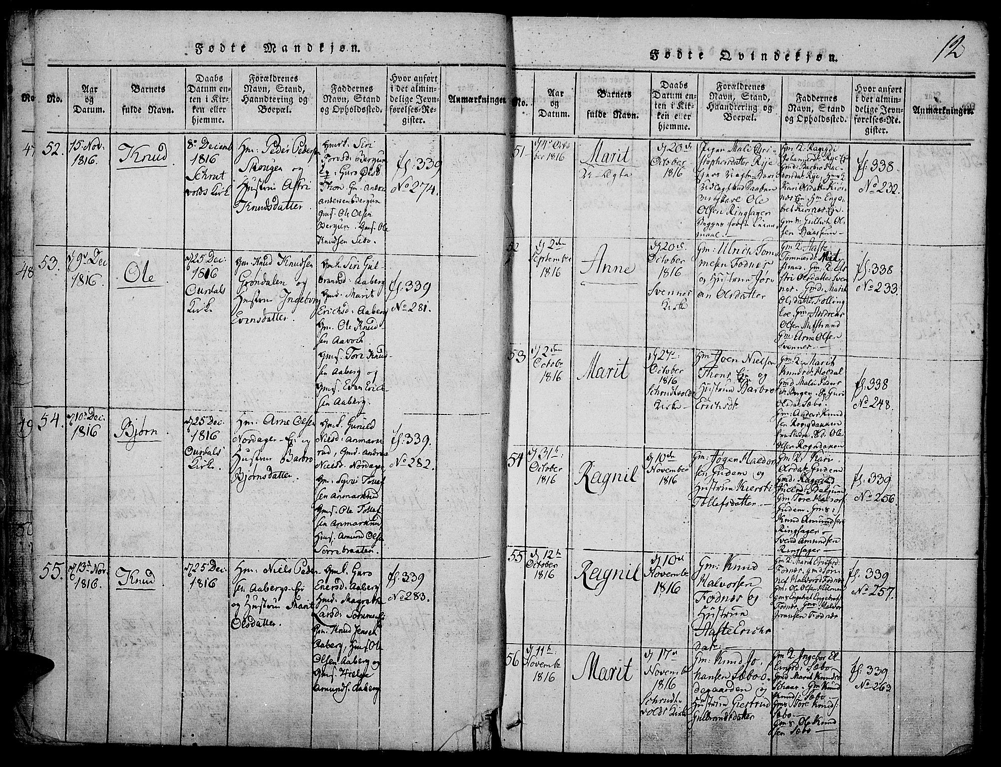 Nord-Aurdal prestekontor, SAH/PREST-132/H/Ha/Haa/L0002: Parish register (official) no. 2, 1816-1828, p. 12