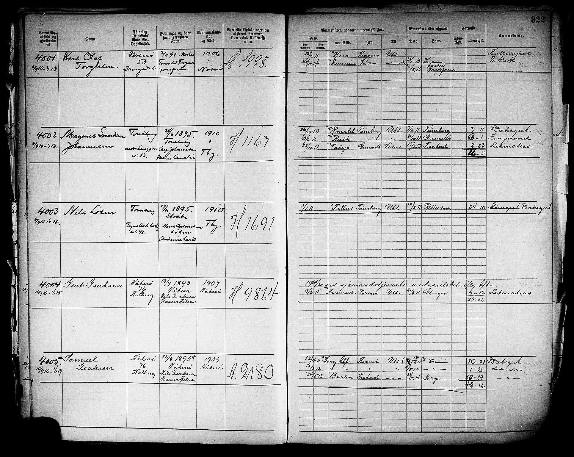 Tønsberg innrulleringskontor, SAKO/A-786/F/Fb/L0005: Annotasjonsrulle Patent nr. 2401-4080, 1904-1910, p. 323