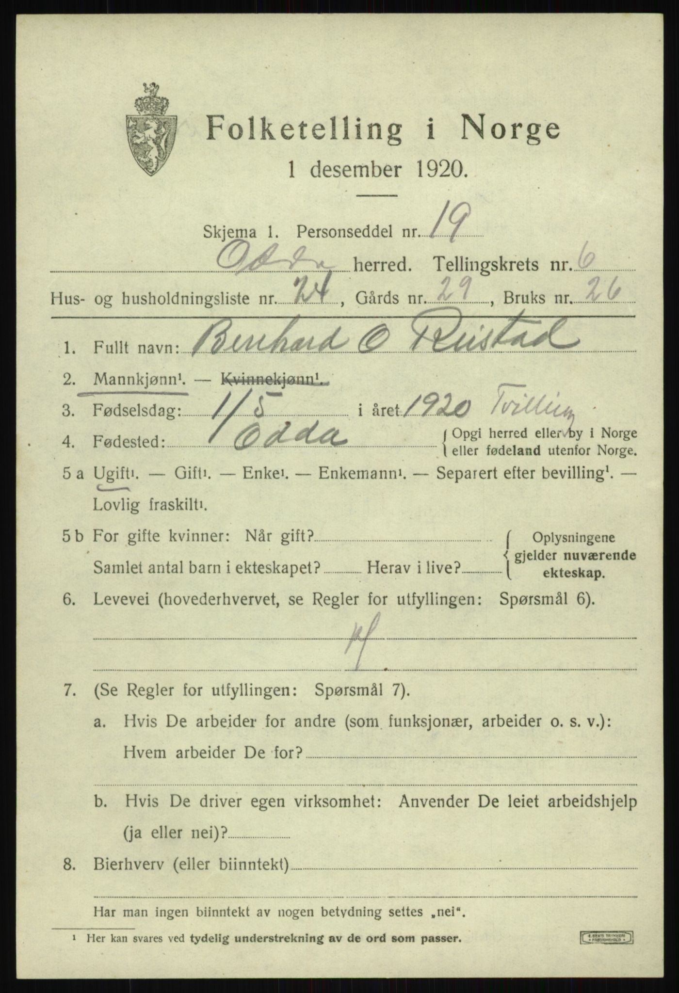 SAB, 1920 census for Odda, 1920, p. 4721