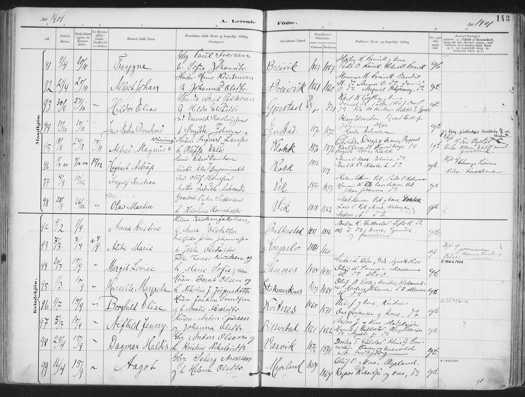 Ministerialprotokoller, klokkerbøker og fødselsregistre - Nordland, AV/SAT-A-1459/888/L1246: Parish register (official) no. 888A12, 1891-1903, p. 143