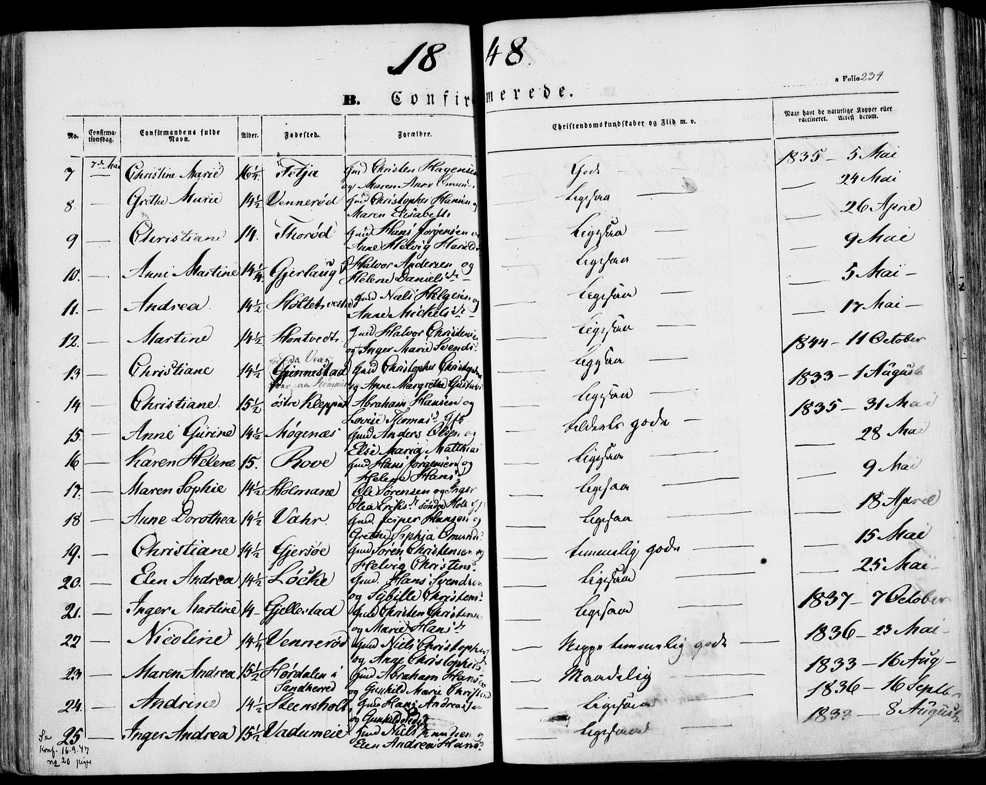 Stokke kirkebøker, AV/SAKO-A-320/F/Fa/L0007: Parish register (official) no. I 7, 1844-1857, p. 234