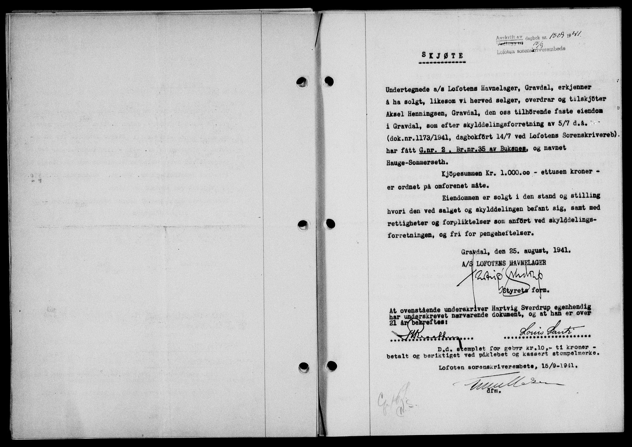 Lofoten sorenskriveri, SAT/A-0017/1/2/2C/L0008a: Mortgage book no. 8a, 1940-1941, Diary no: : 1509/1941