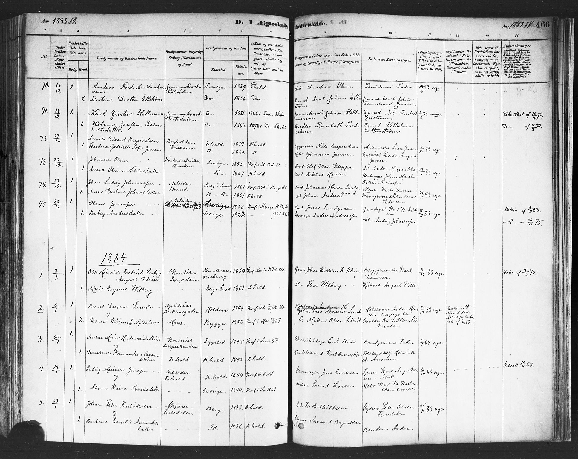 Halden prestekontor Kirkebøker, SAO/A-10909/F/Fa/L0011: Parish register (official) no. I 11, 1878-1889, p. 466