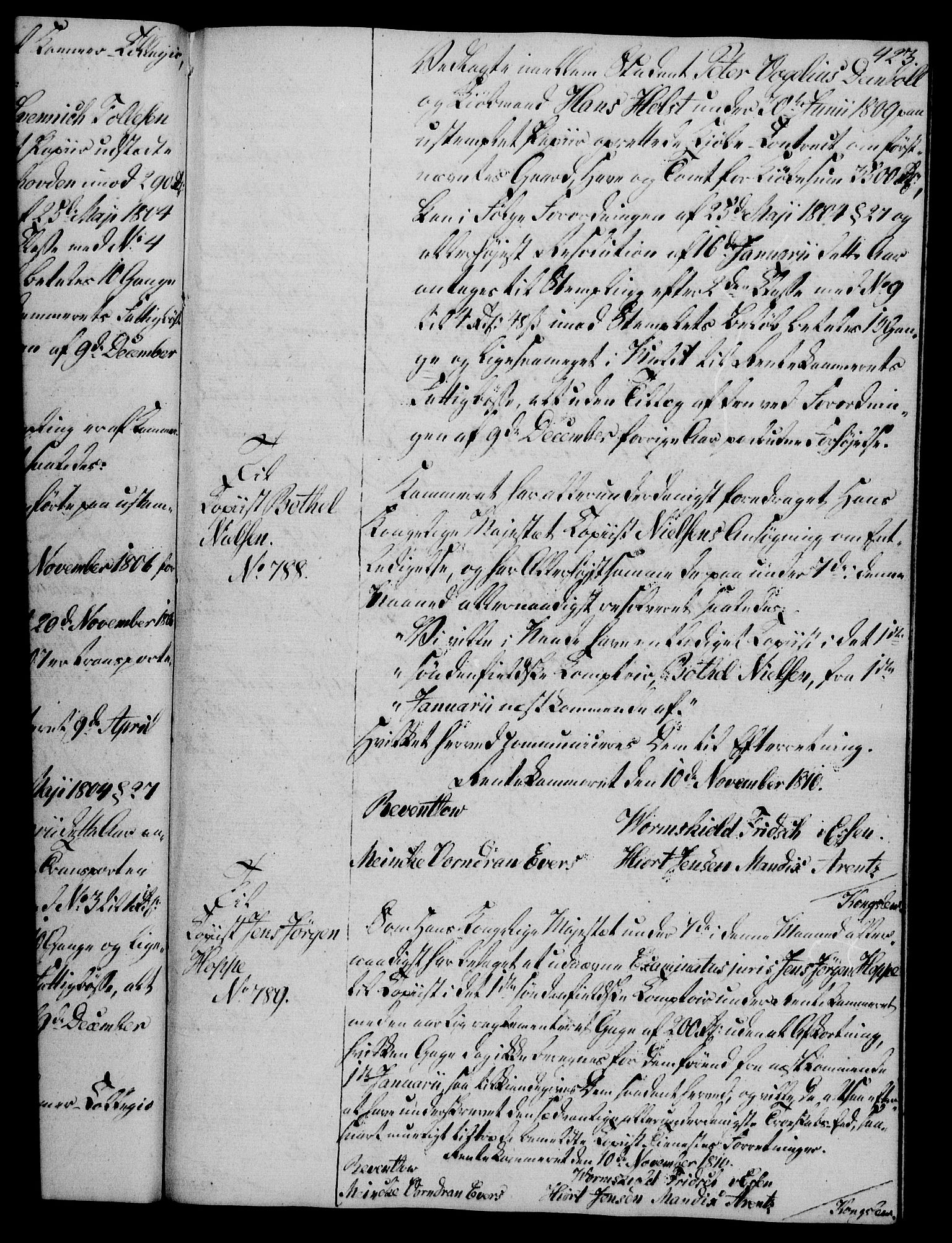 Rentekammeret, Kammerkanselliet, AV/RA-EA-3111/G/Gg/Gga/L0019: Norsk ekspedisjonsprotokoll med register (merket RK 53.19), 1807-1810, p. 423