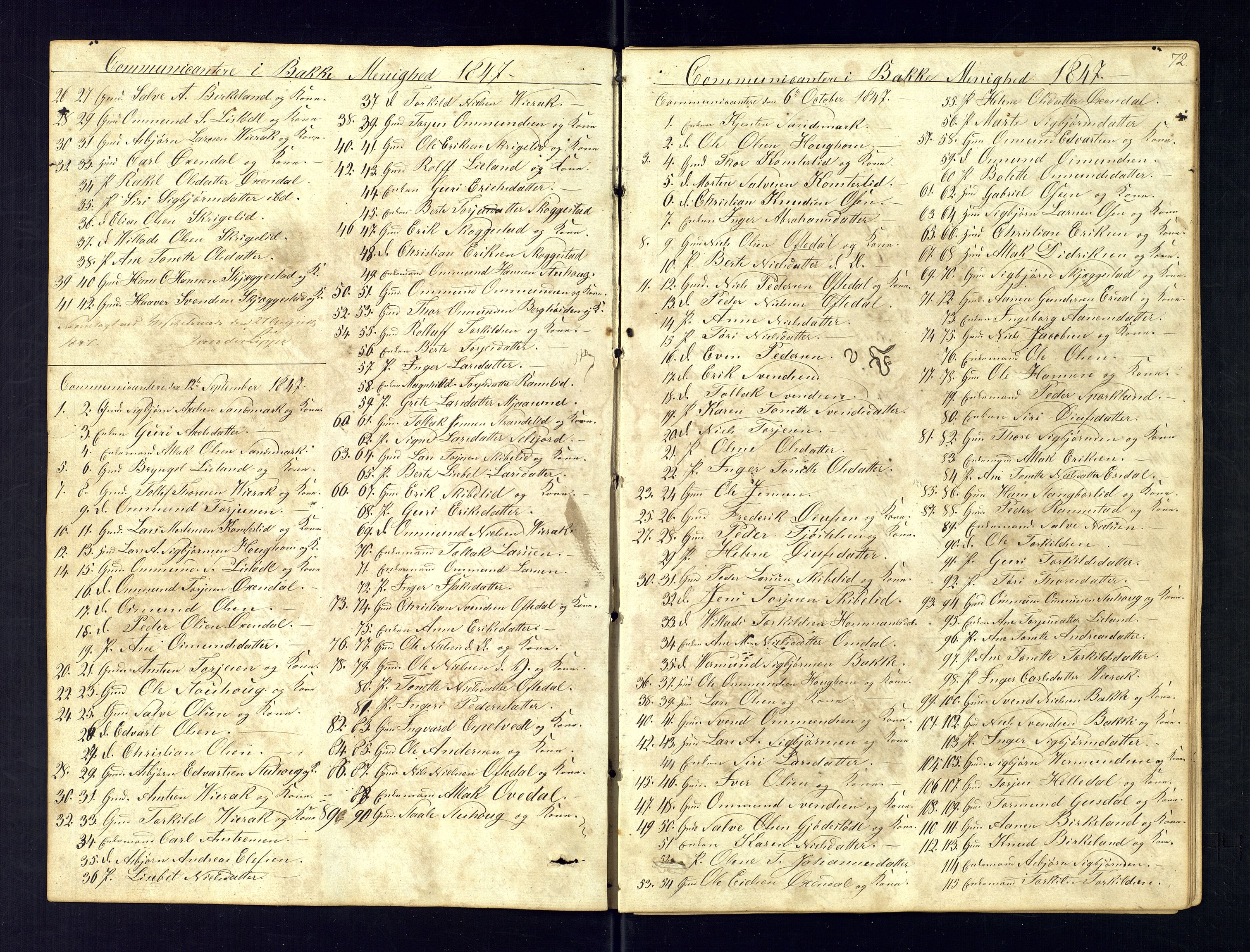 Bakke sokneprestkontor, SAK/1111-0002/F/Fc/Fca/L0004: Communicants register no. C-4, 1838-1861, p. 72