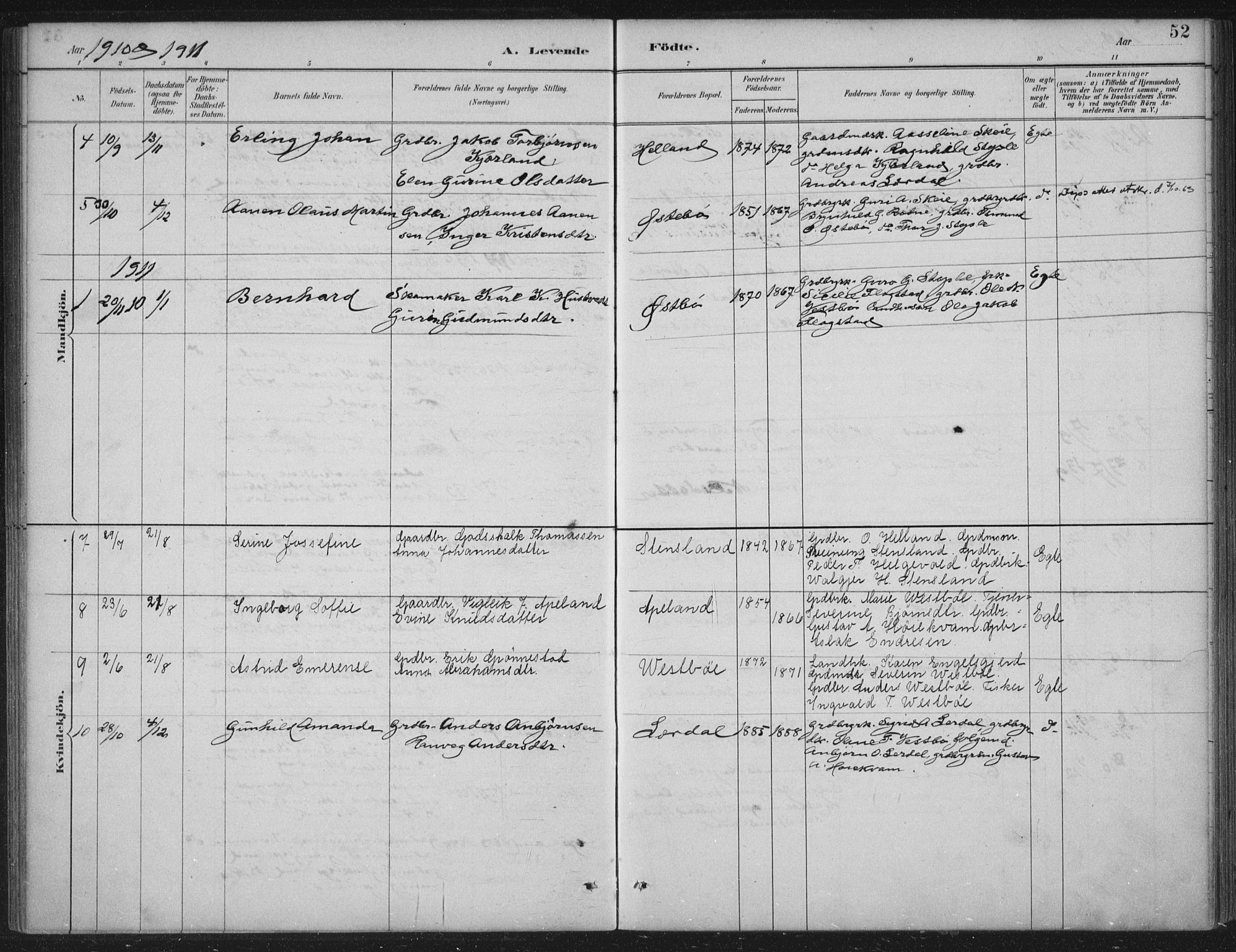 Vikedal sokneprestkontor, AV/SAST-A-101840/01/IV: Parish register (official) no. A 11, 1884-1933, p. 52