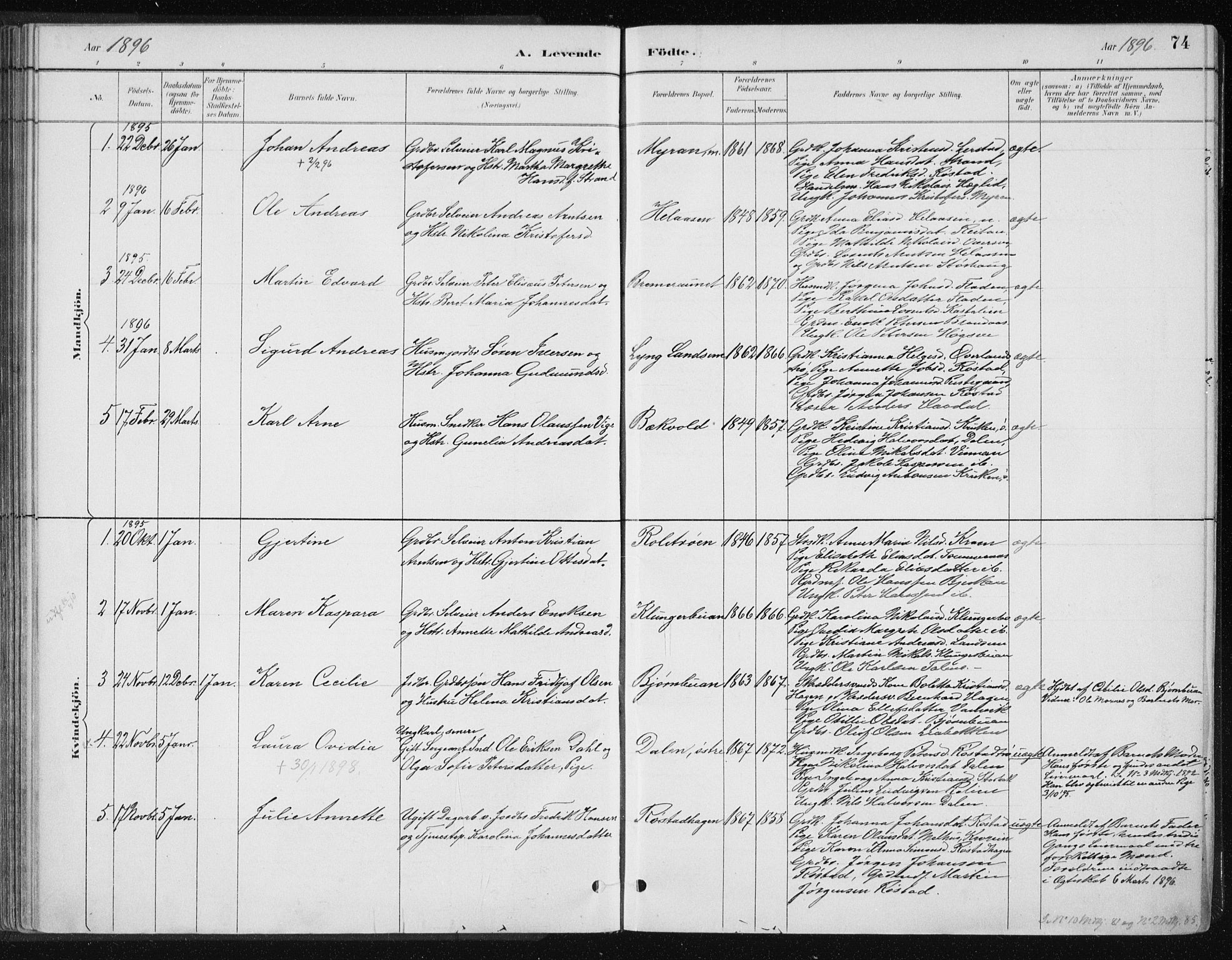 Ministerialprotokoller, klokkerbøker og fødselsregistre - Nord-Trøndelag, SAT/A-1458/701/L0010: Parish register (official) no. 701A10, 1883-1899, p. 74