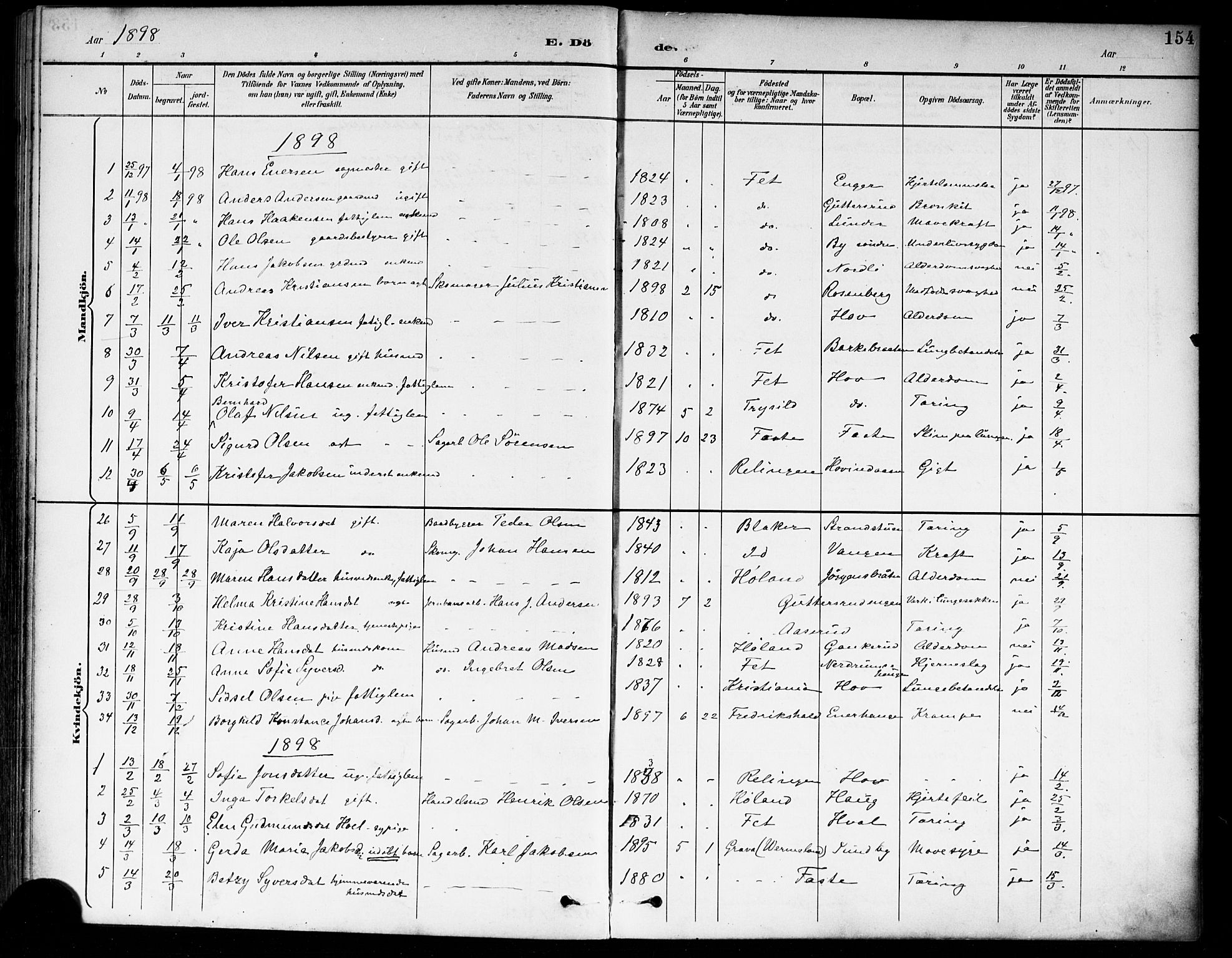 Fet prestekontor Kirkebøker, SAO/A-10370a/F/Fa/L0015: Parish register (official) no. I 15, 1892-1904, p. 154