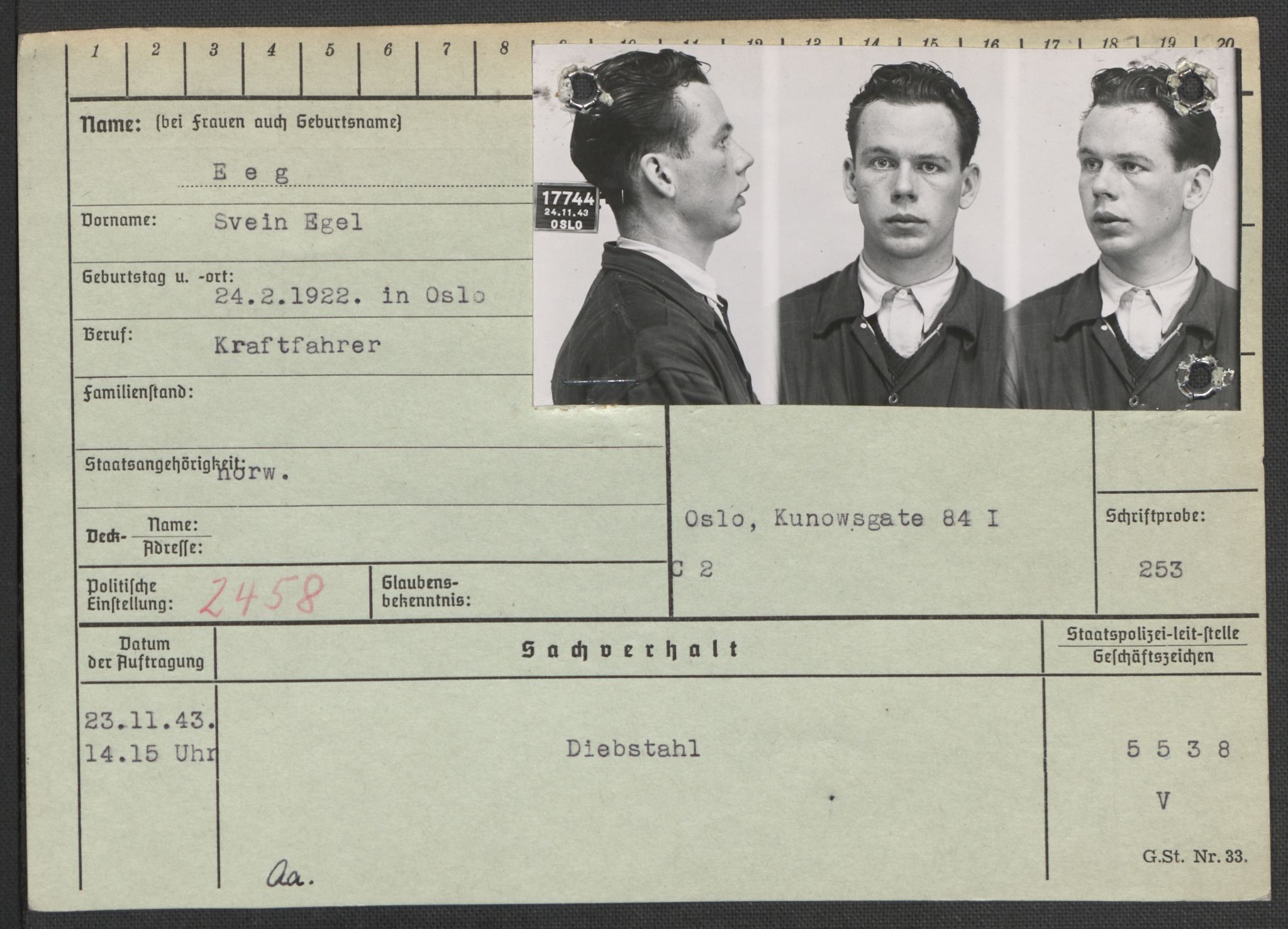 Befehlshaber der Sicherheitspolizei und des SD, RA/RAFA-5969/E/Ea/Eaa/L0002: Register over norske fanger i Møllergata 19: Bj-Eng, 1940-1945, p. 1191
