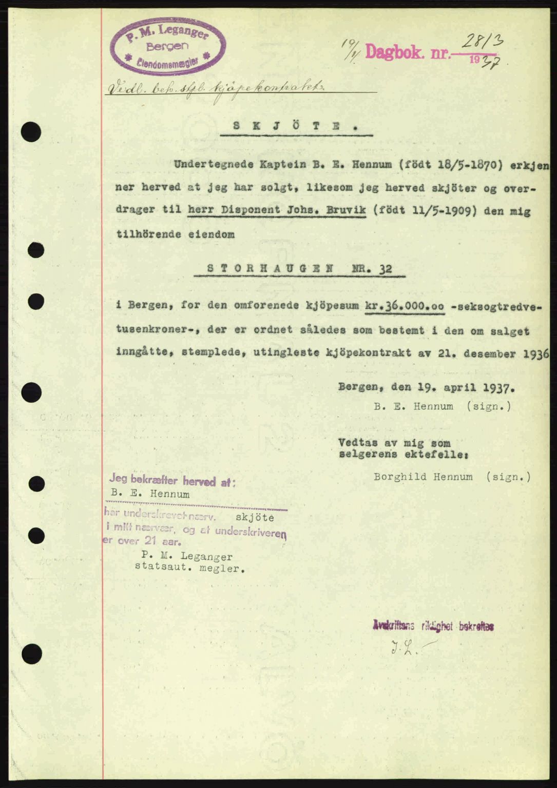 Byfogd og Byskriver i Bergen, SAB/A-3401/03/03Bc/L0004: Mortgage book no. A3-4, 1936-1937, Diary no: : 2813/1937