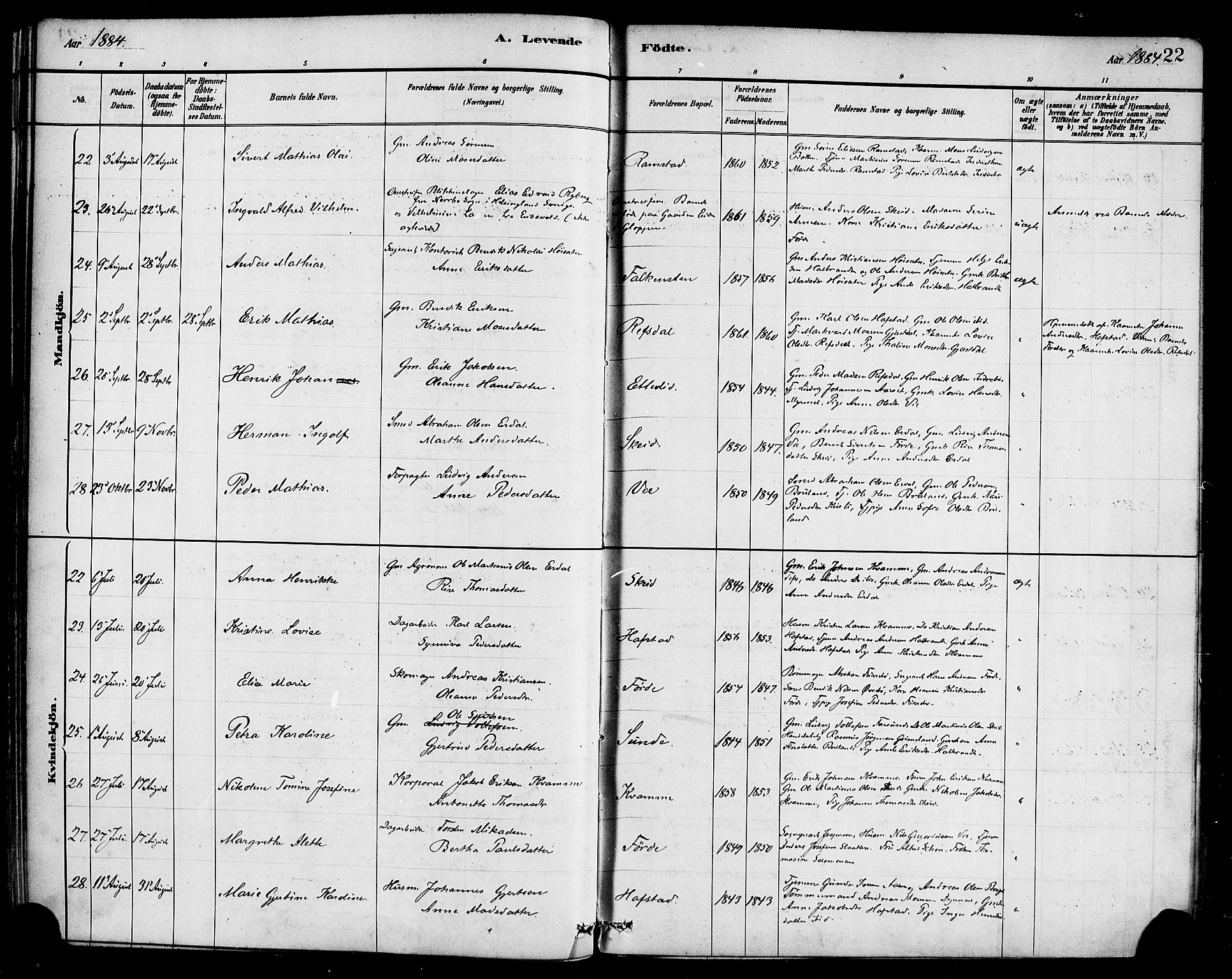 Førde sokneprestembete, AV/SAB-A-79901/H/Haa/Haab/L0001: Parish register (official) no. B 1, 1880-1898, p. 22