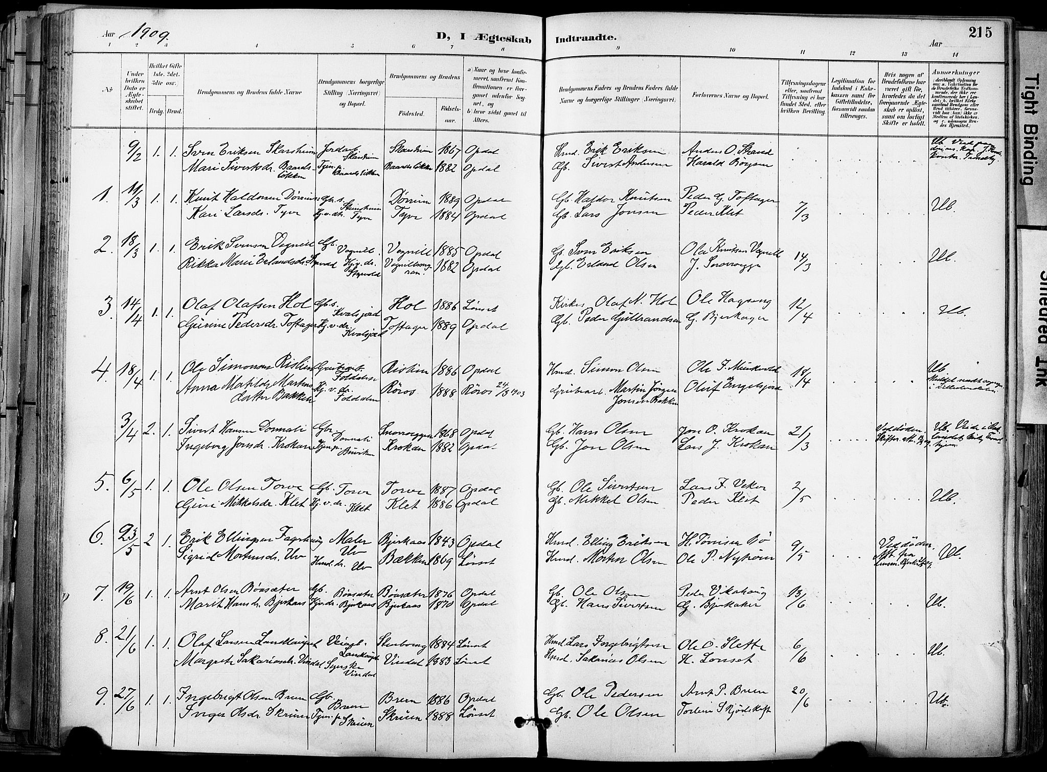 Ministerialprotokoller, klokkerbøker og fødselsregistre - Sør-Trøndelag, AV/SAT-A-1456/678/L0902: Parish register (official) no. 678A11, 1895-1911, p. 215