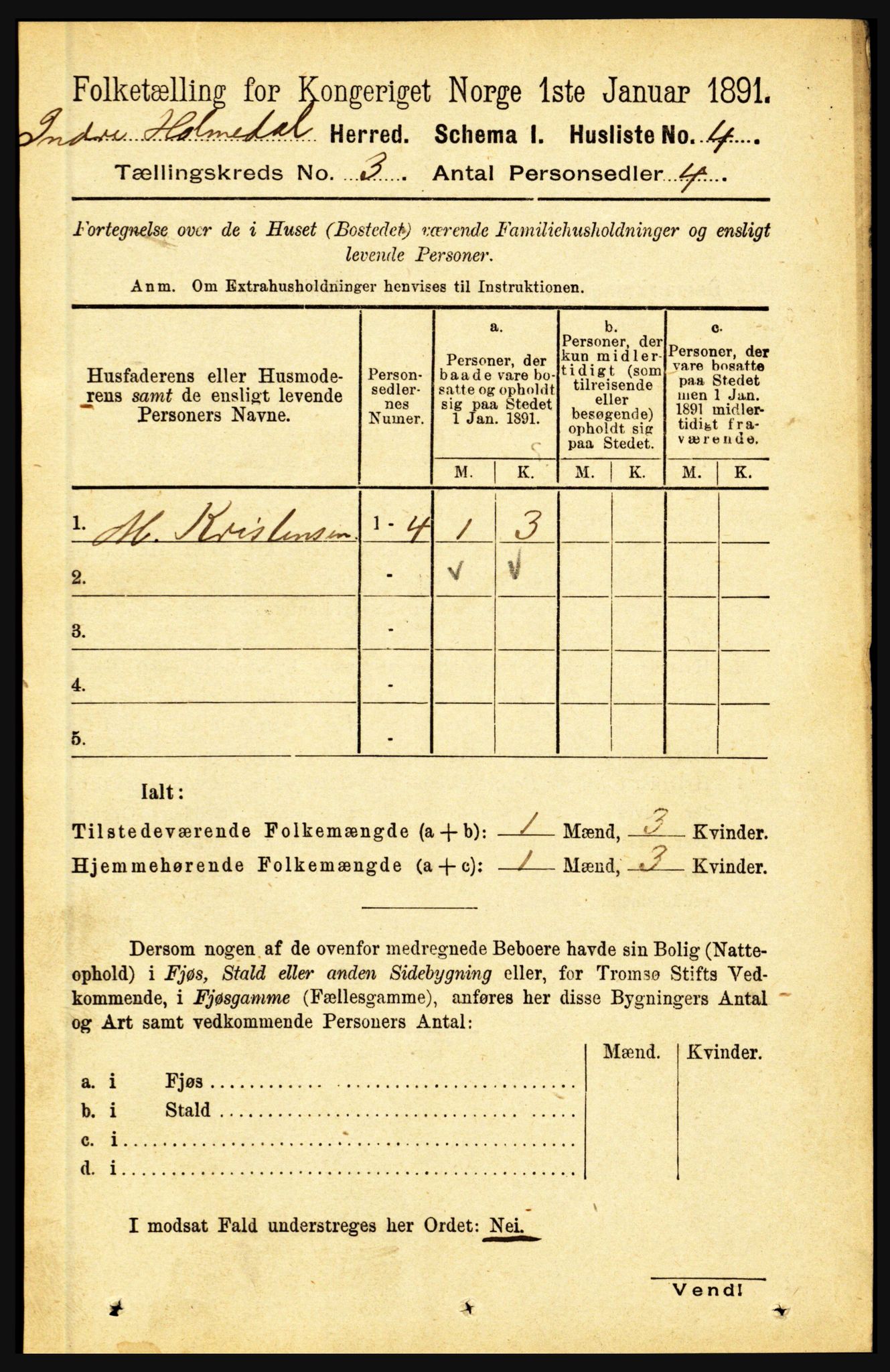 RA, 1891 census for 1430 Indre Holmedal, 1891, p. 841