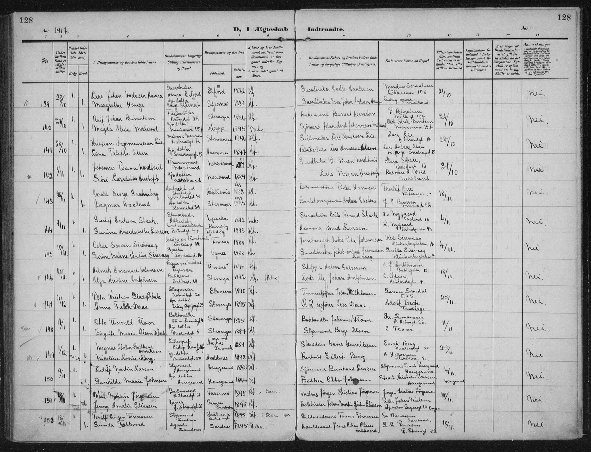 Domkirken sokneprestkontor, AV/SAST-A-101812/002/A/L0016: Parish register (official) no. A 33, 1905-1922, p. 128