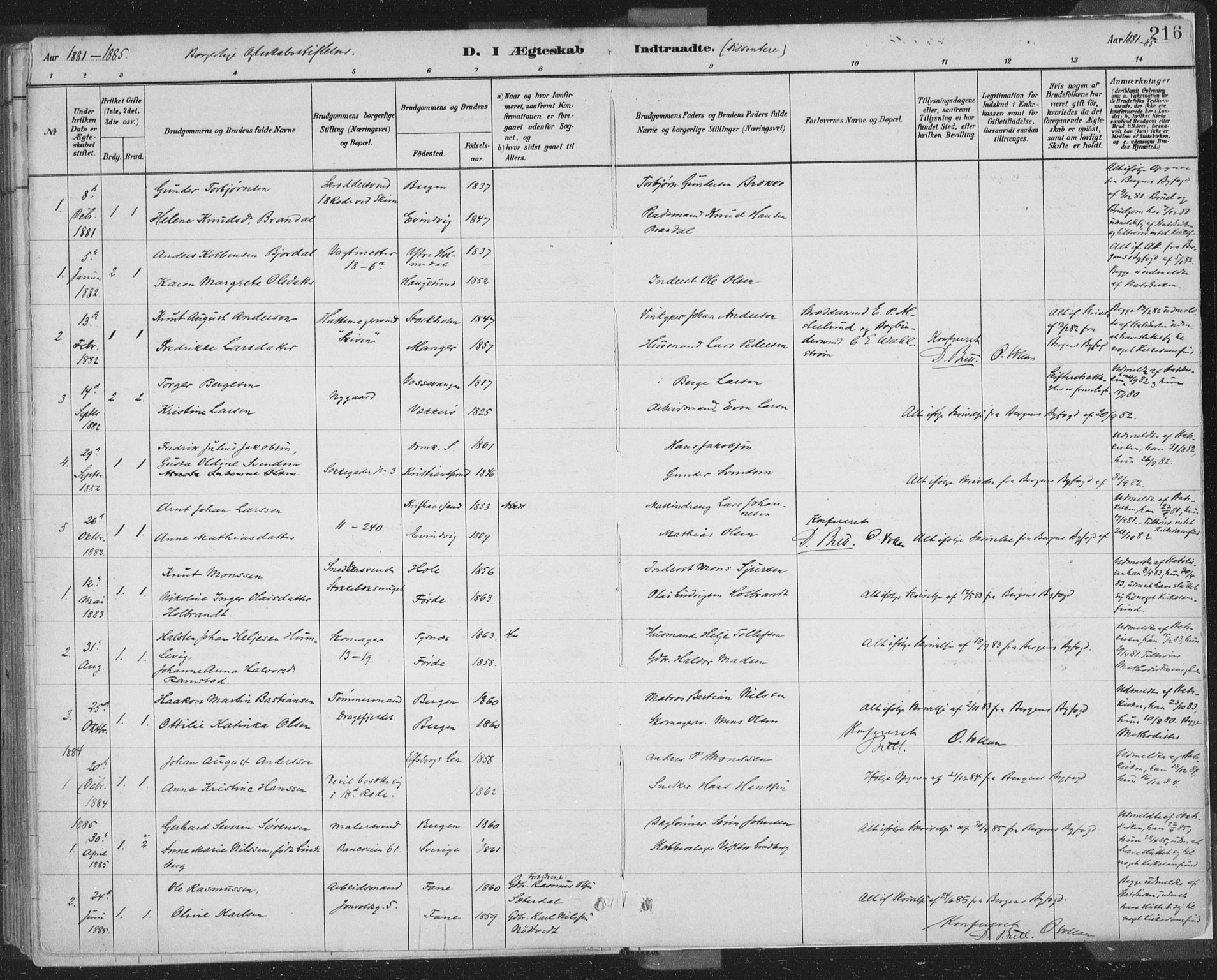 Domkirken sokneprestembete, SAB/A-74801/H/Hab/L0032: Parish register (copy) no. D 4, 1880-1907, p. 216
