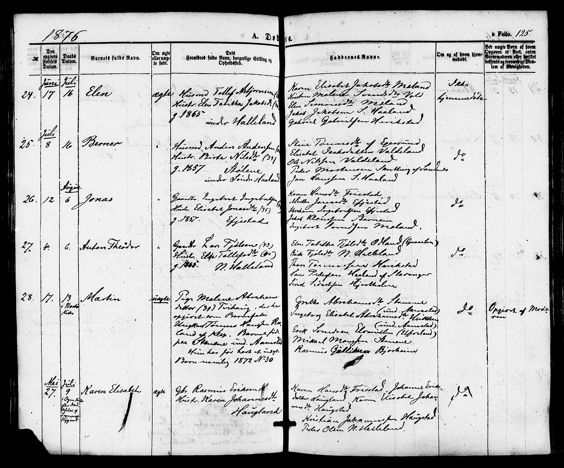 Hå sokneprestkontor, AV/SAST-A-101801/001/30BA/L0009: Parish register (official) no. A 8, 1855-1878, p. 125