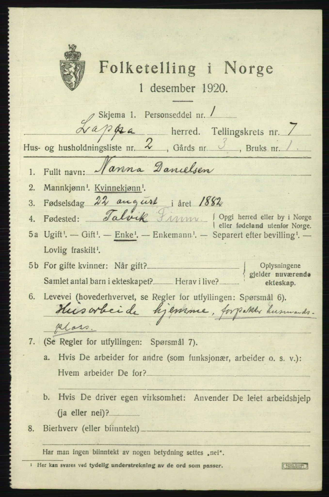 SATØ, 1920 census for Loppa, 1920, p. 3086