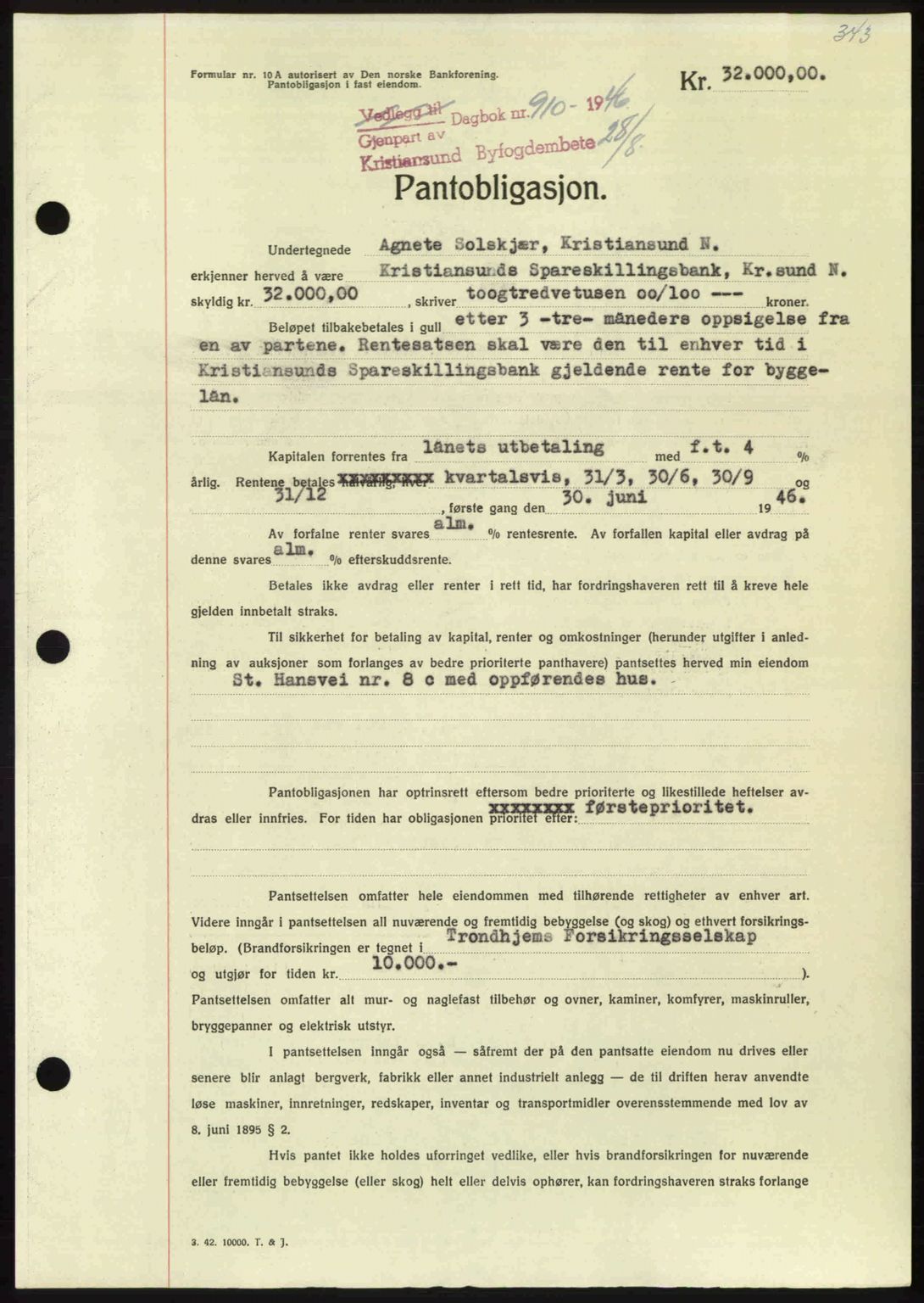 Kristiansund byfogd, AV/SAT-A-4587/A/27: Mortgage book no. 40, 1946-1946, Diary no: : 910/1946