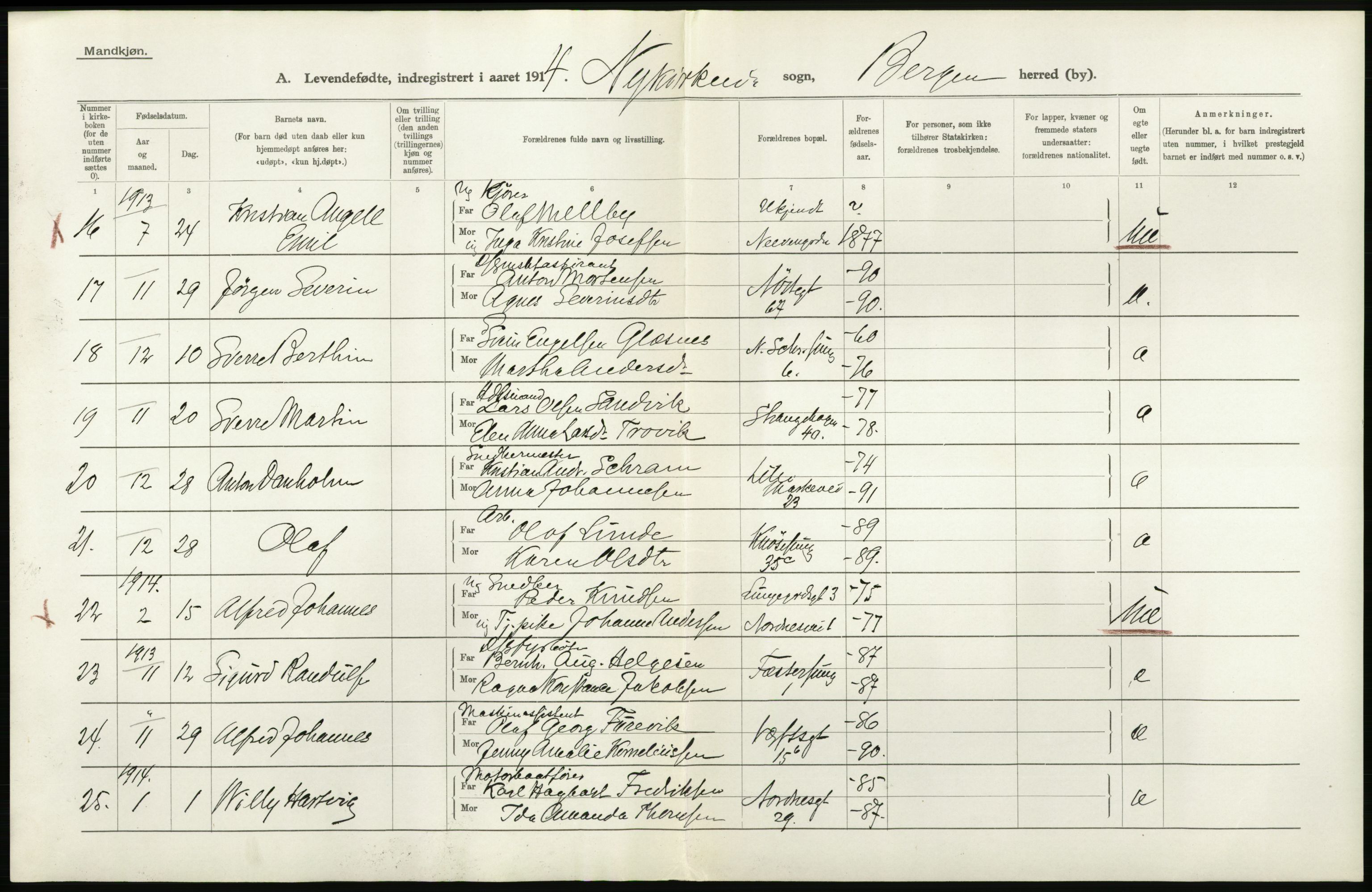 Statistisk sentralbyrå, Sosiodemografiske emner, Befolkning, AV/RA-S-2228/D/Df/Dfb/Dfbd/L0030: Bergen: Levendefødte menn og kvinner., 1914, p. 6