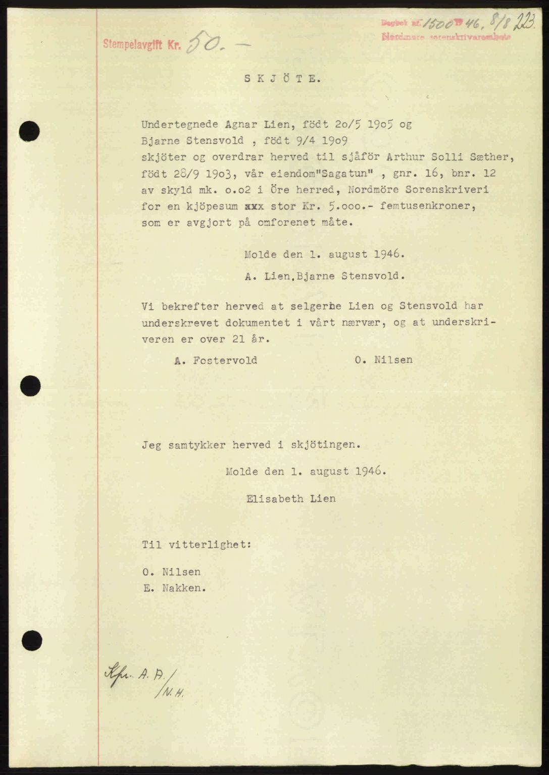 Nordmøre sorenskriveri, AV/SAT-A-4132/1/2/2Ca: Mortgage book no. A102, 1946-1946, Diary no: : 1500/1946