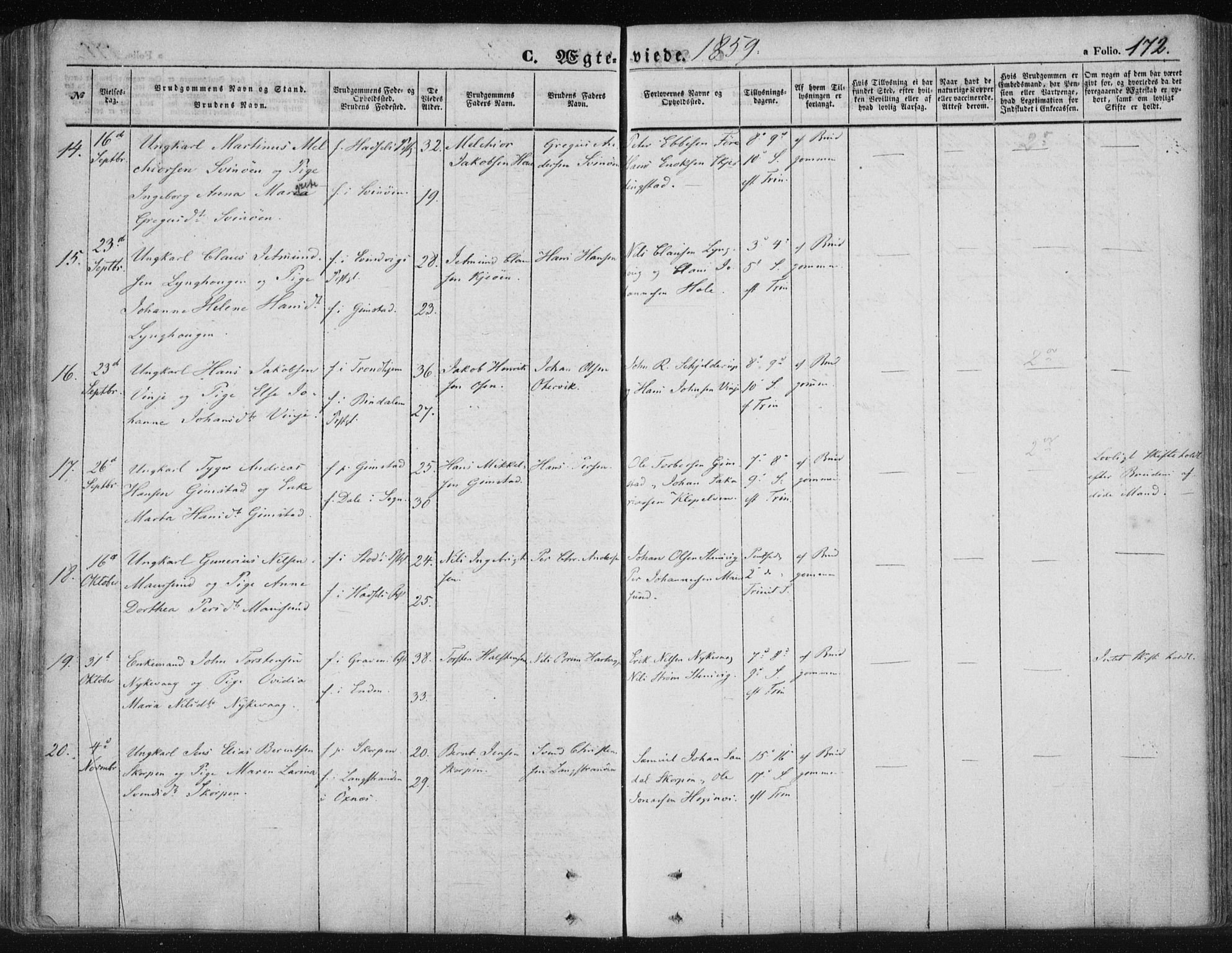 Ministerialprotokoller, klokkerbøker og fødselsregistre - Nordland, AV/SAT-A-1459/891/L1300: Parish register (official) no. 891A05, 1856-1870, p. 172