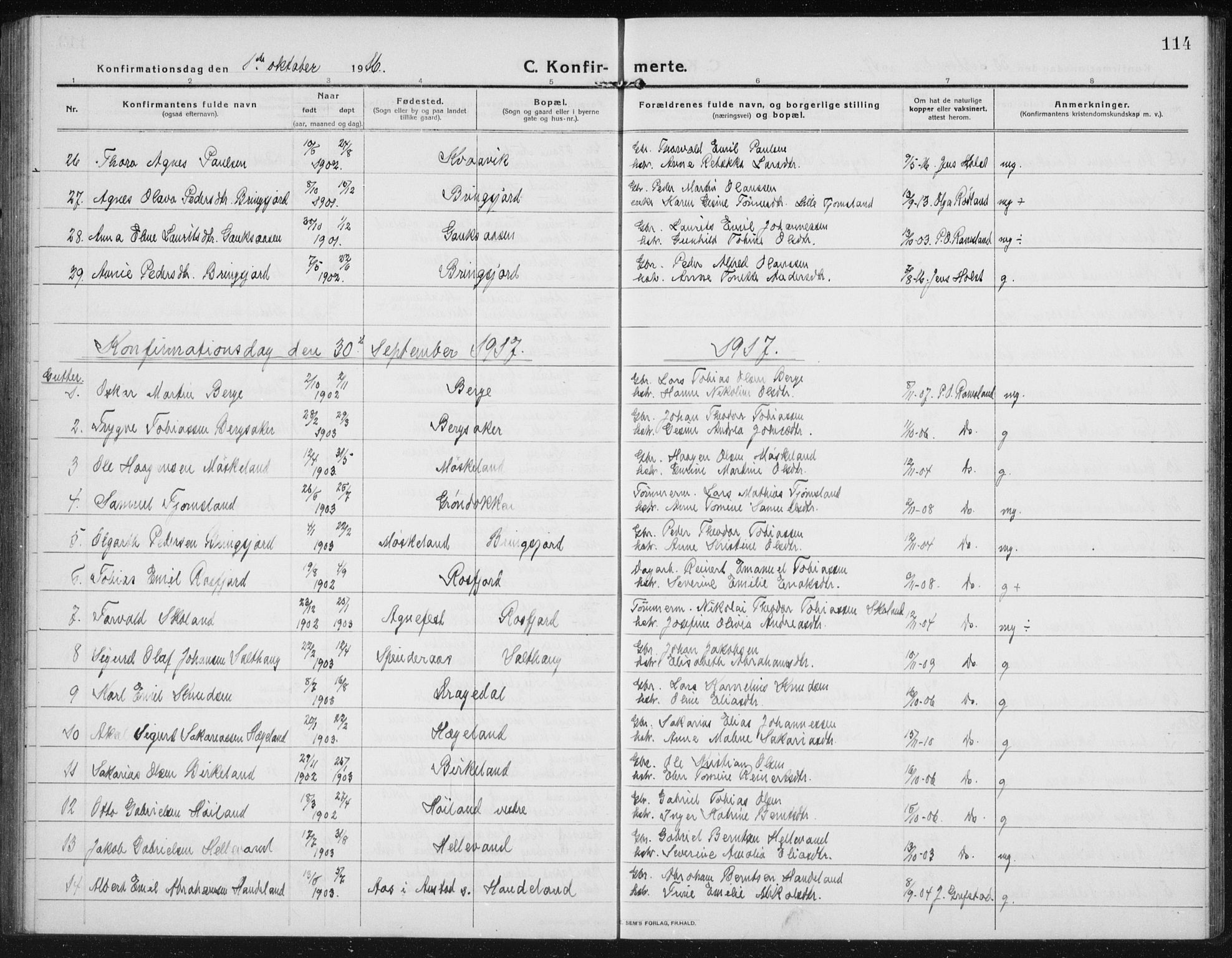 Lyngdal sokneprestkontor, AV/SAK-1111-0029/F/Fb/Fbc/L0006: Parish register (copy) no. B 6, 1914-1934, p. 114