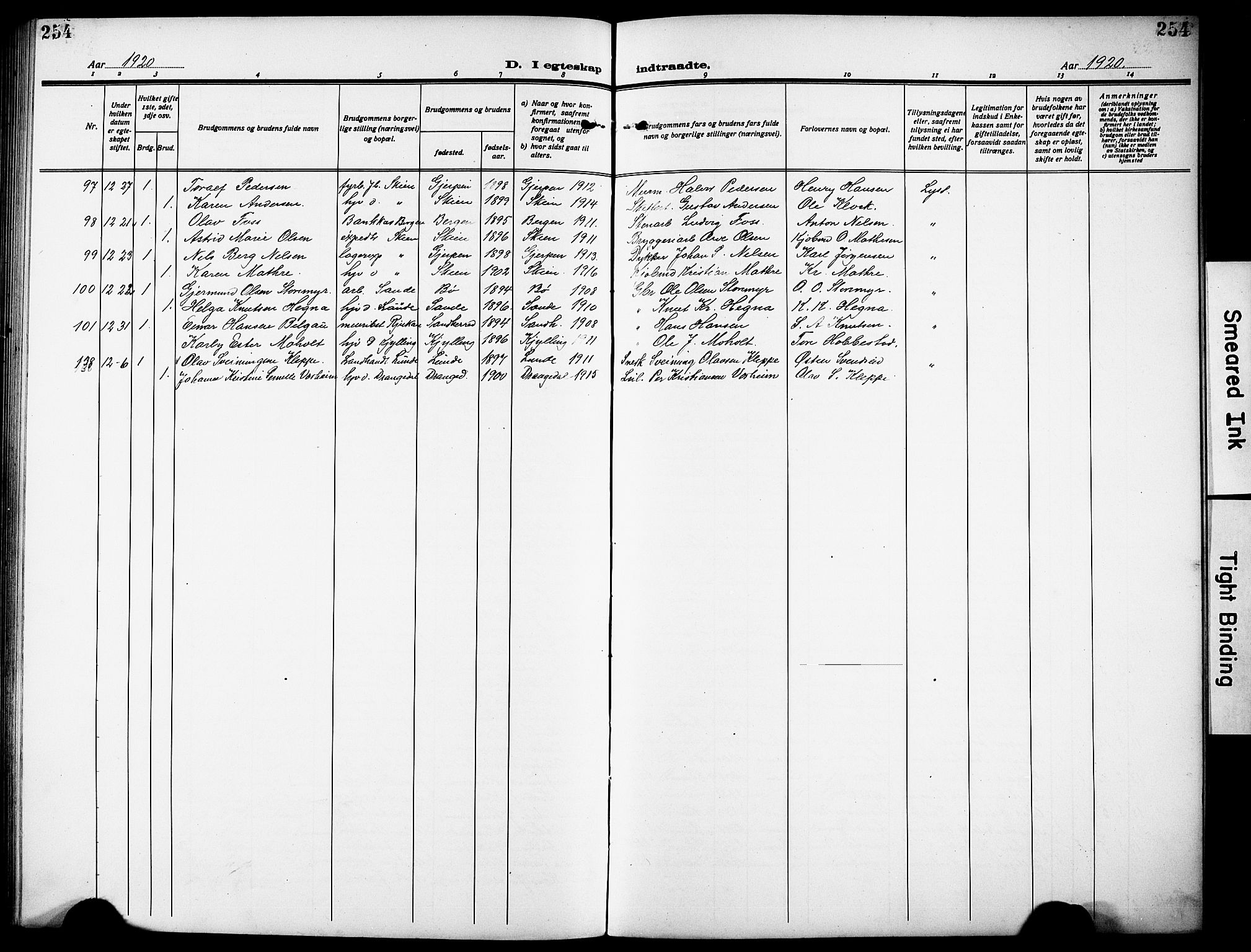 Skien kirkebøker, SAKO/A-302/G/Ga/L0010: Parish register (copy) no. 10, 1920-1931, p. 254