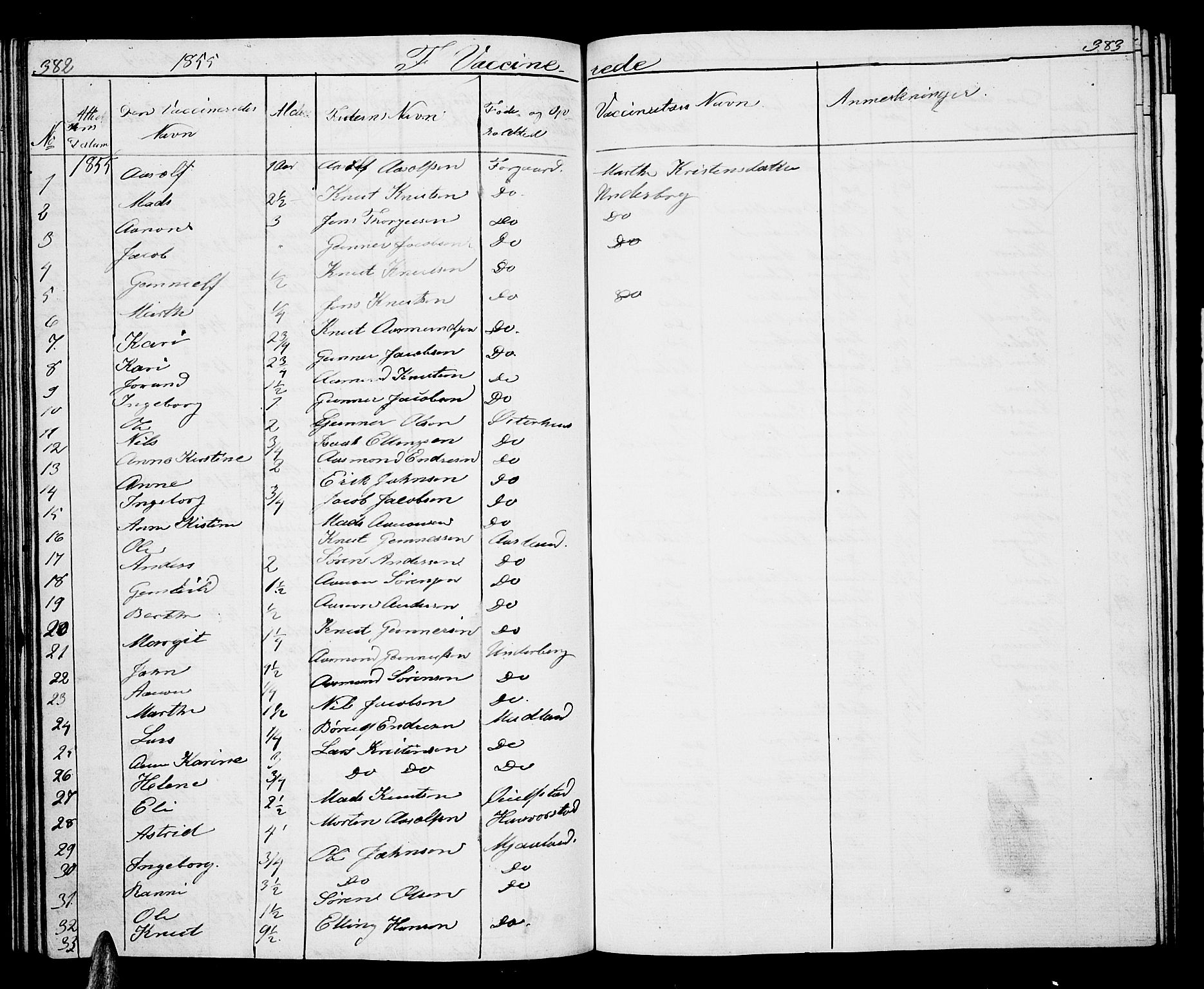 Åseral sokneprestkontor, SAK/1111-0051/F/Fb/L0001: Parish register (copy) no. B 1, 1856-1877, p. 382-383