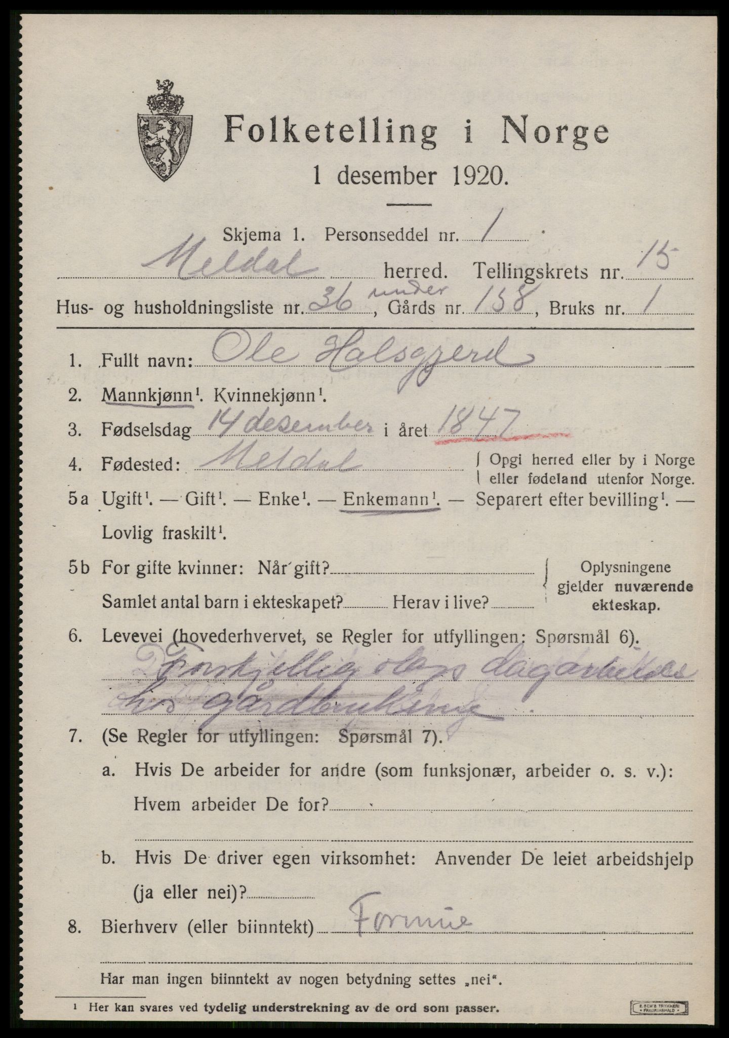 SAT, 1920 census for Meldal, 1920, p. 10827