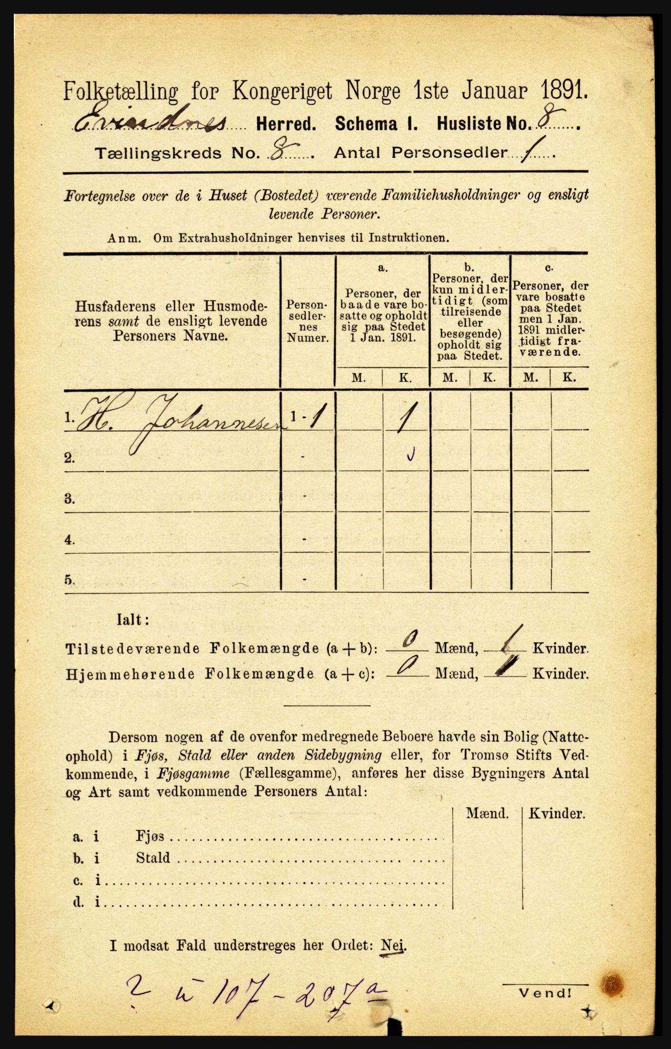 RA, 1891 census for 1853 Evenes, 1891, p. 2481