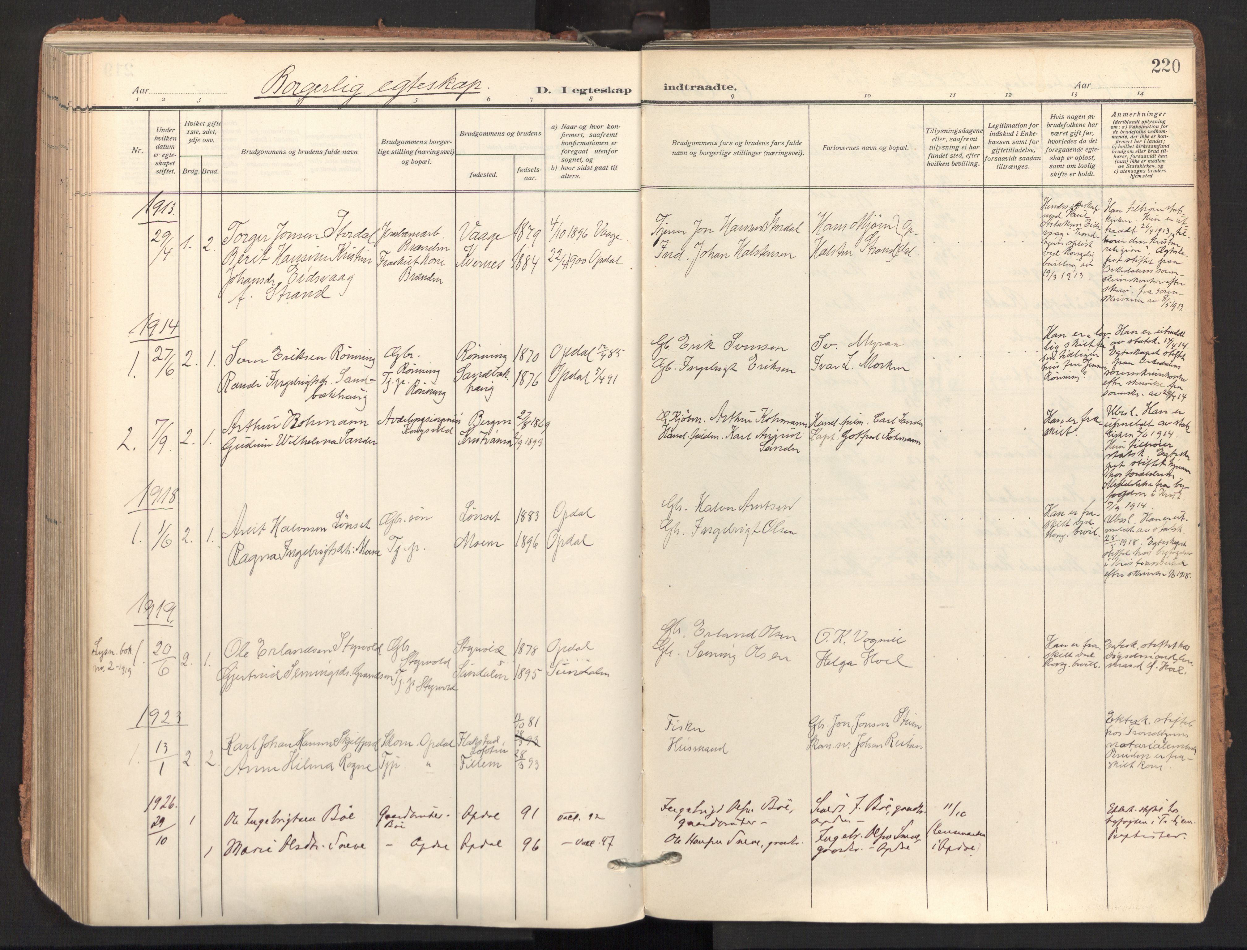 Ministerialprotokoller, klokkerbøker og fødselsregistre - Sør-Trøndelag, SAT/A-1456/678/L0909: Parish register (official) no. 678A17, 1912-1930, p. 220