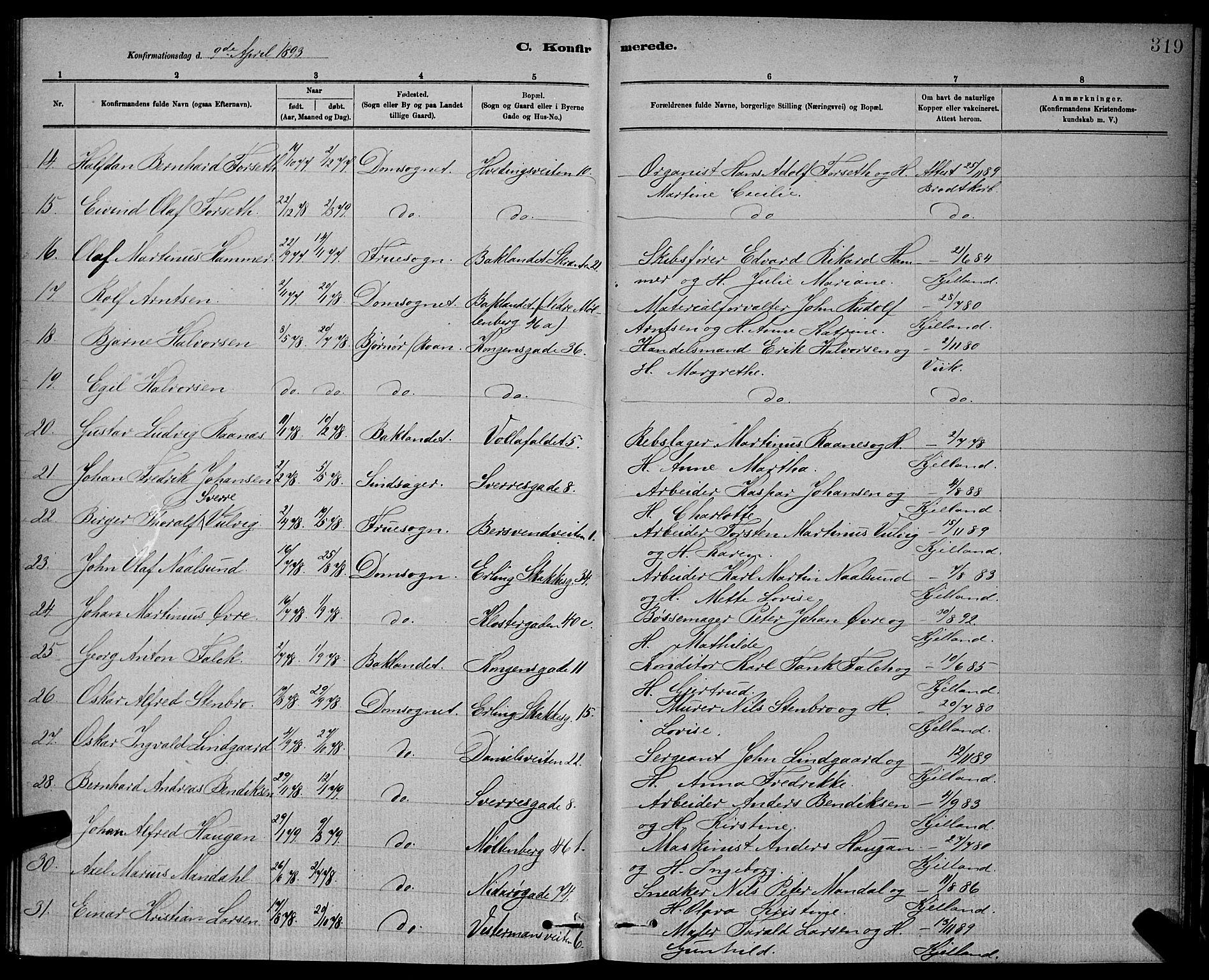 Ministerialprotokoller, klokkerbøker og fødselsregistre - Sør-Trøndelag, SAT/A-1456/601/L0092: Parish register (copy) no. 601C10, 1884-1897, p. 319