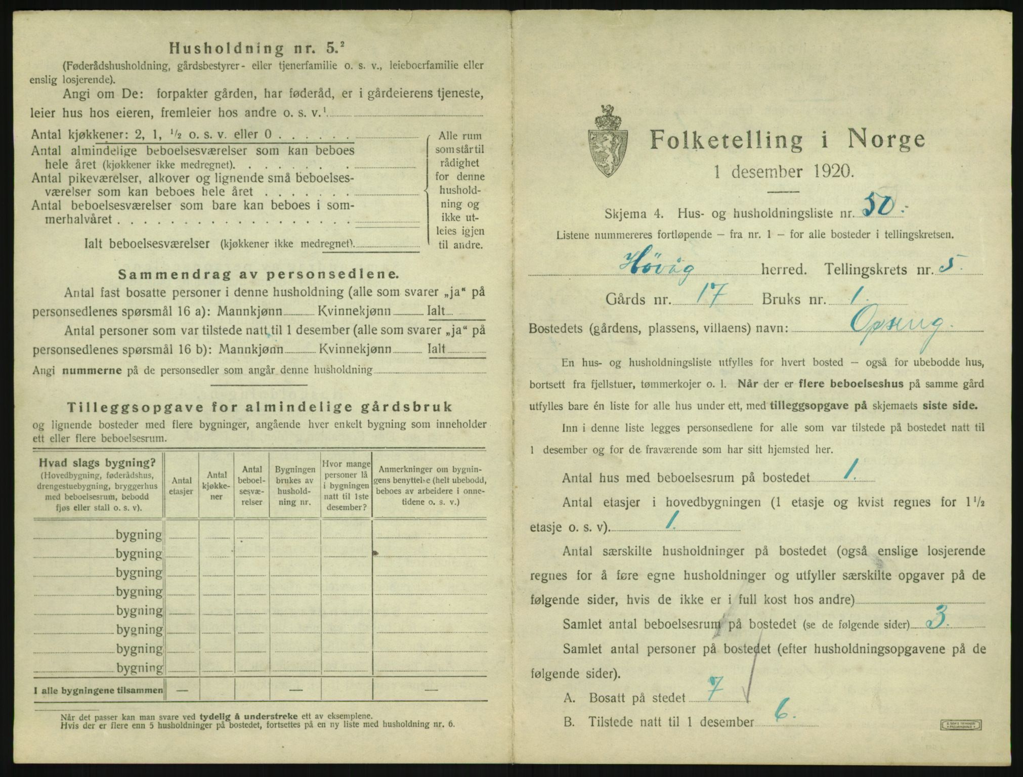 SAK, 1920 census for Høvåg, 1920, p. 490