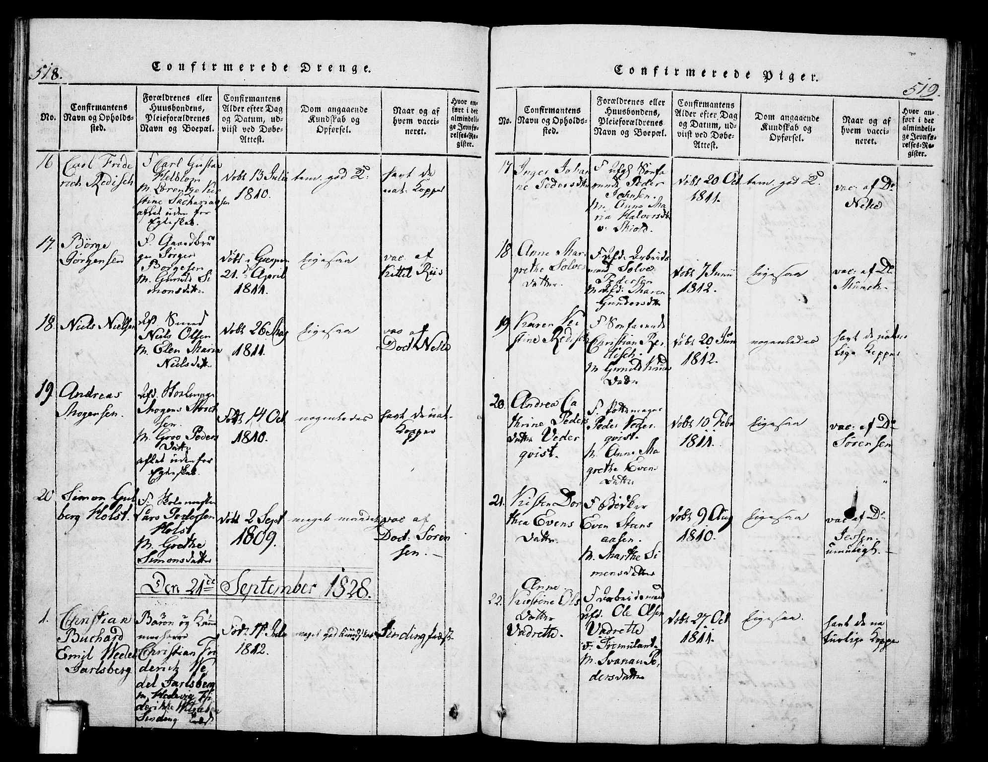 Skien kirkebøker, AV/SAKO-A-302/G/Ga/L0002: Parish register (copy) no. 2, 1814-1842, p. 518-519