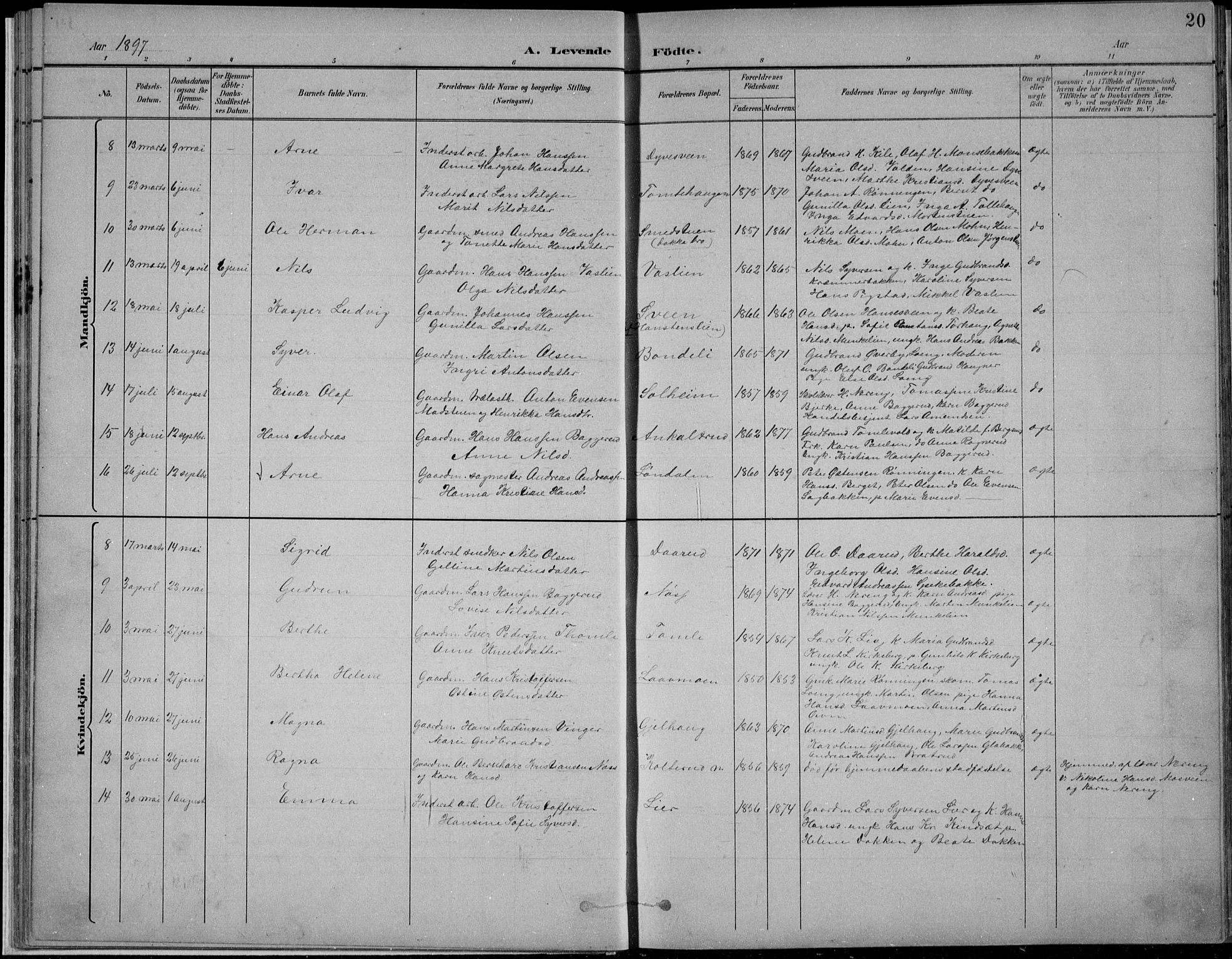 Nordre Land prestekontor, AV/SAH-PREST-124/H/Ha/Hab/L0013: Parish register (copy) no. 13, 1891-1904, p. 20