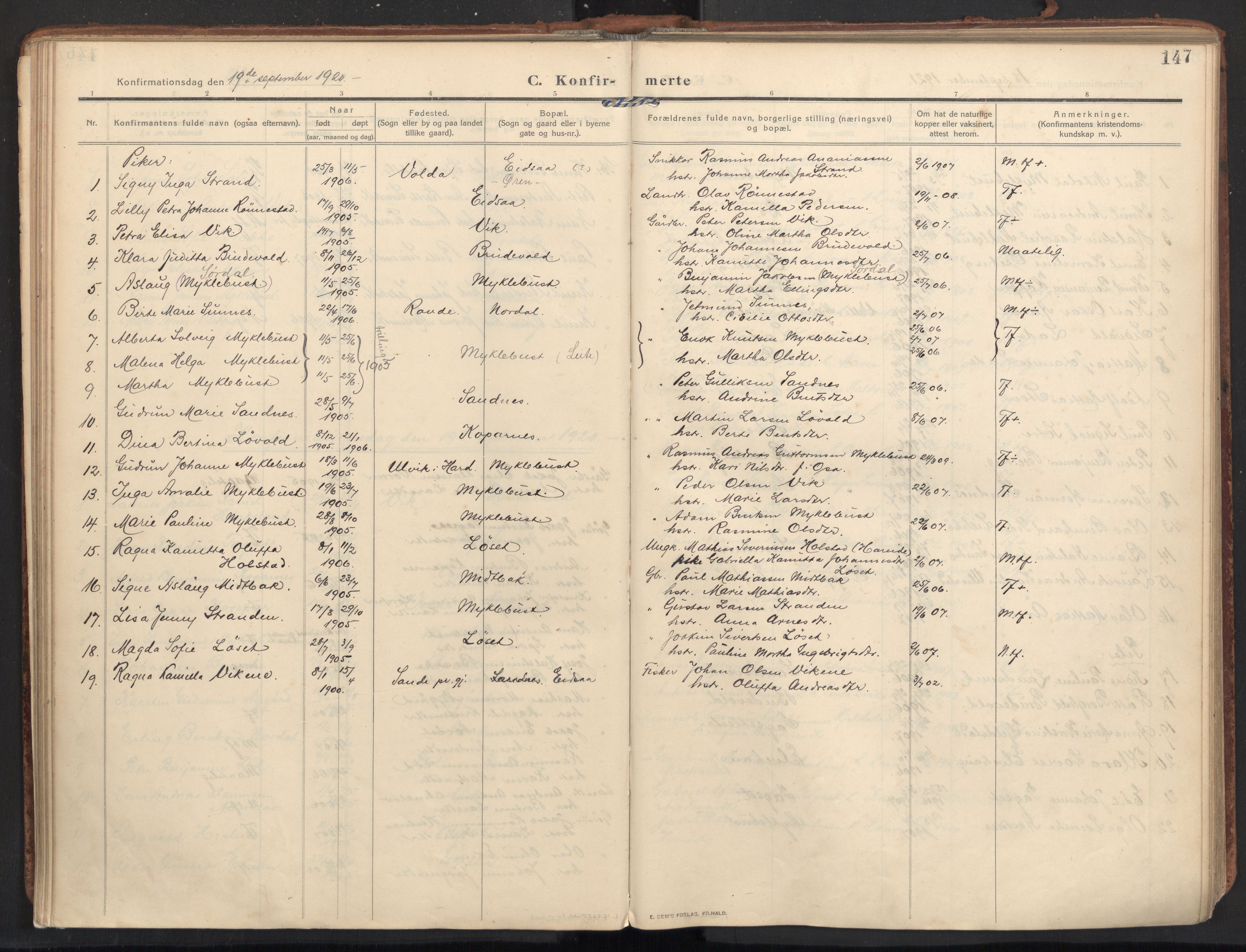 Ministerialprotokoller, klokkerbøker og fødselsregistre - Møre og Romsdal, AV/SAT-A-1454/502/L0026: Parish register (official) no. 502A04, 1909-1933, p. 147