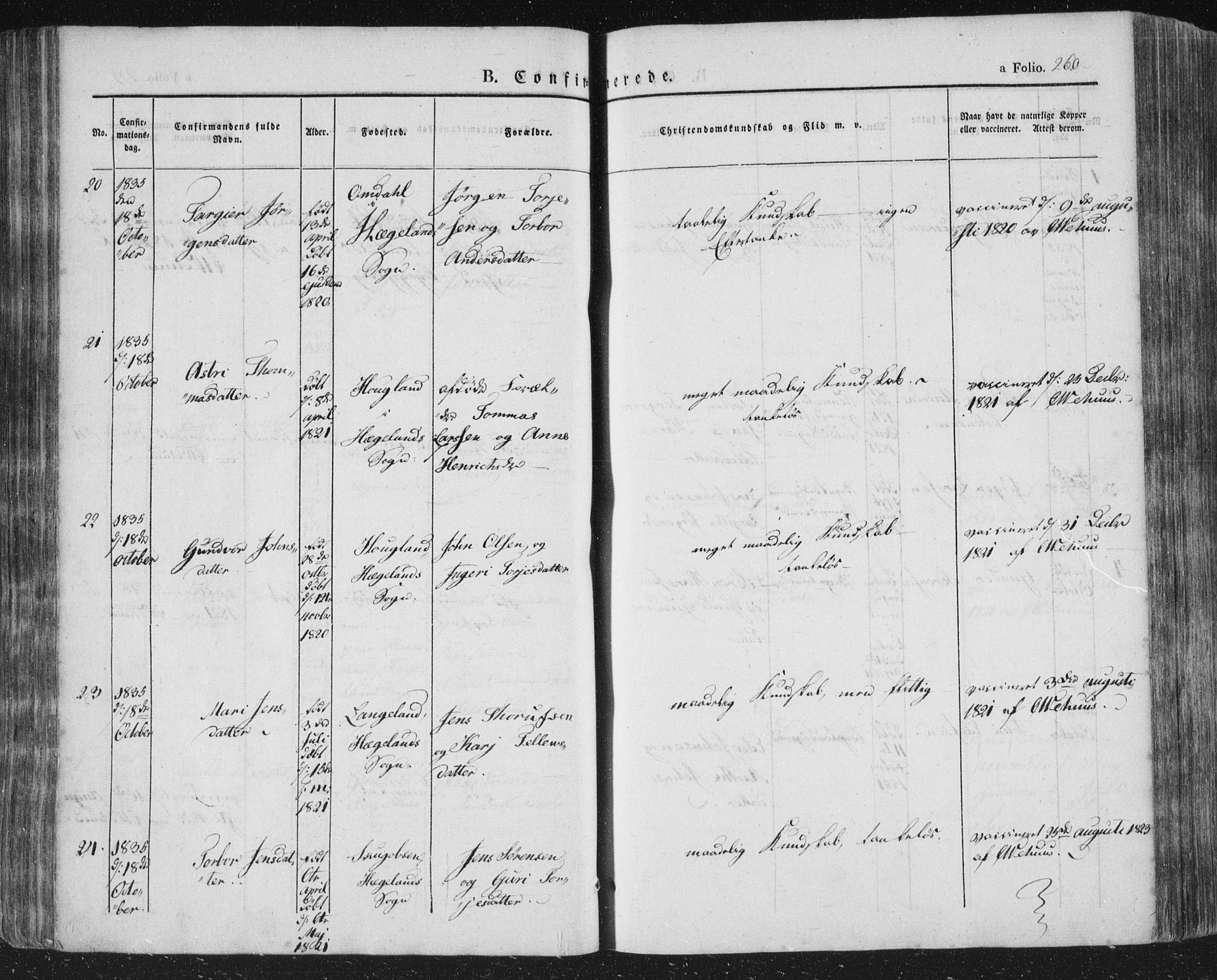 Vennesla sokneprestkontor, AV/SAK-1111-0045/Fa/Fac/L0004: Parish register (official) no. A 4, 1834-1855, p. 260