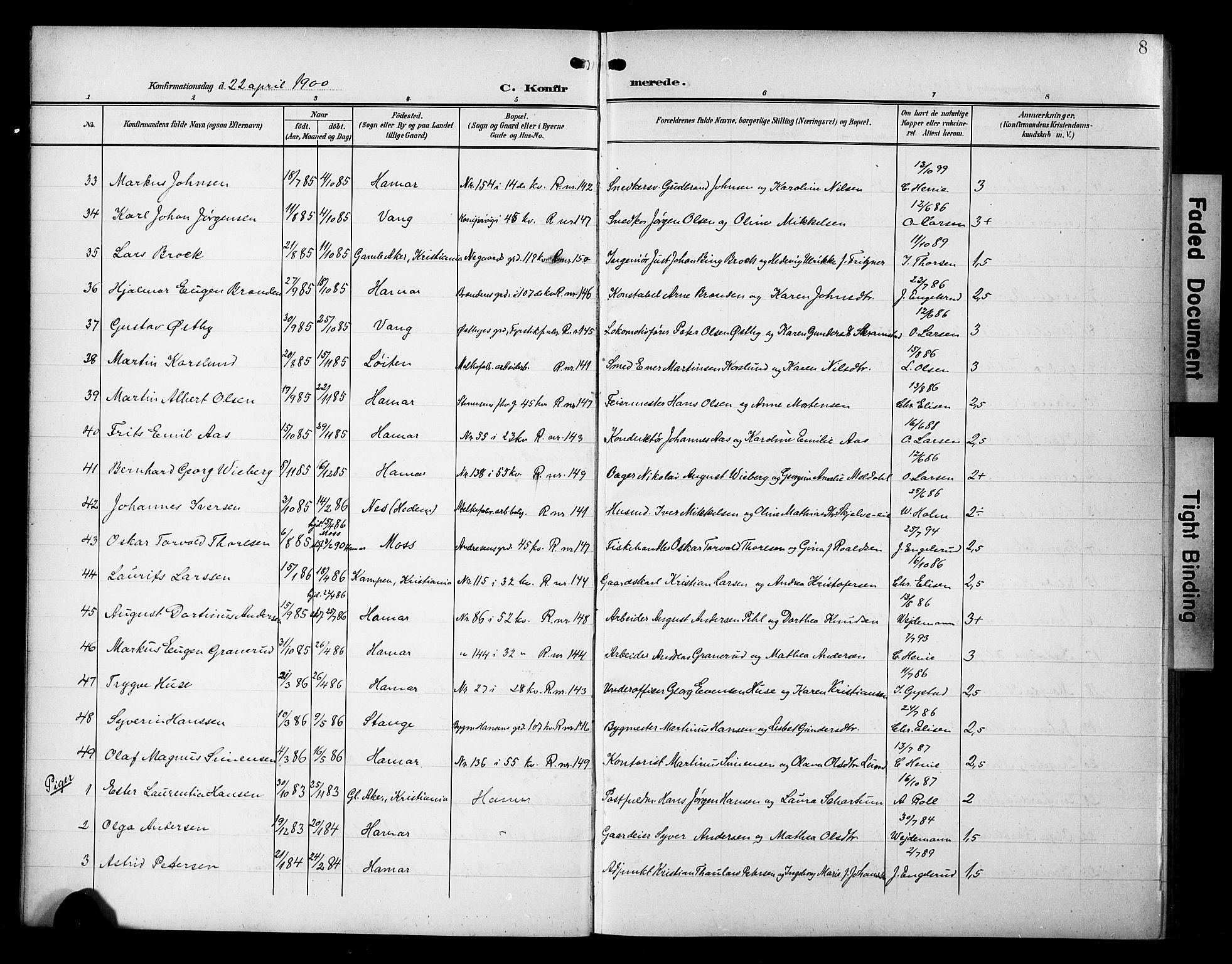 Hamar prestekontor, SAH/DOMPH-002/H/Ha/Hab/L0002: Parish register (copy) no. 2, 1899-1929, p. 8