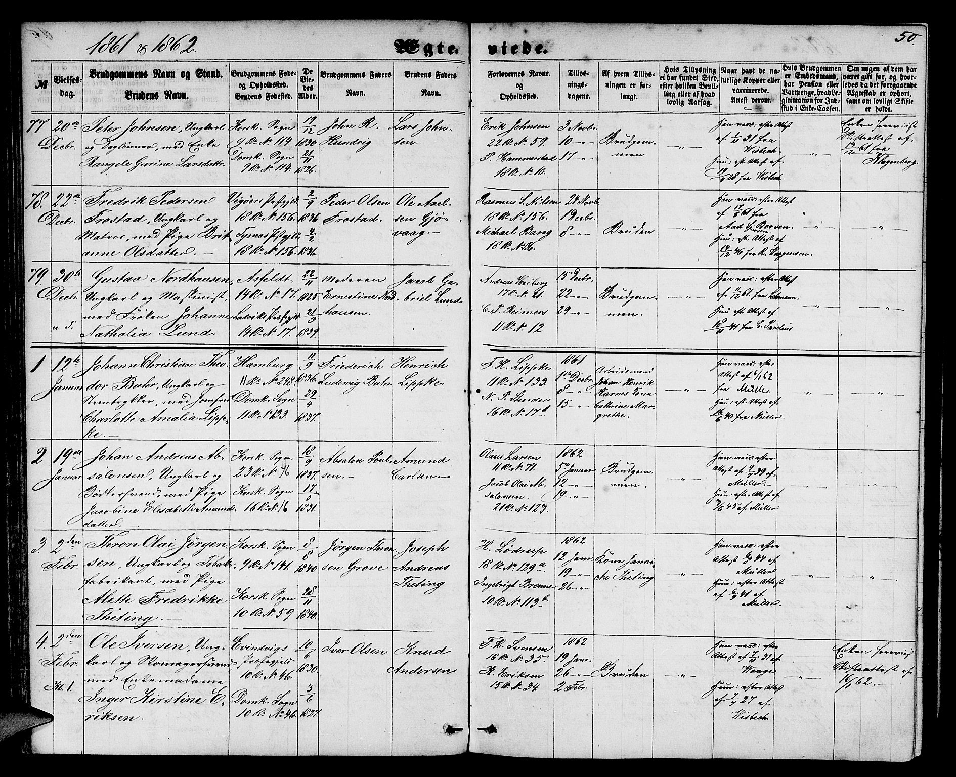 Domkirken sokneprestembete, SAB/A-74801/H/Hab/L0030: Parish register (copy) no. D 2, 1857-1876, p. 50