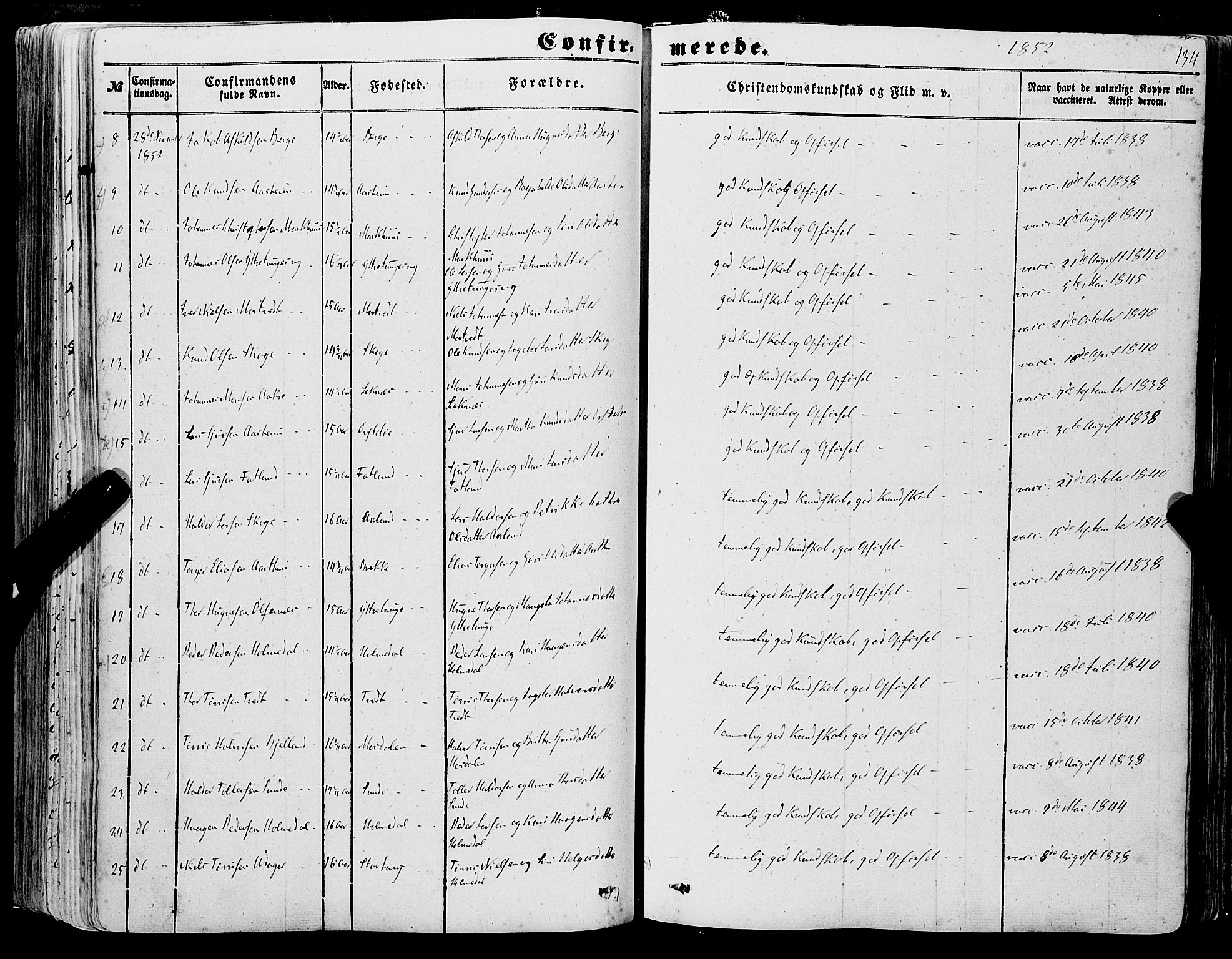 Skånevik sokneprestembete, SAB/A-77801/H/Haa: Parish register (official) no. A 5I, 1848-1869, p. 134