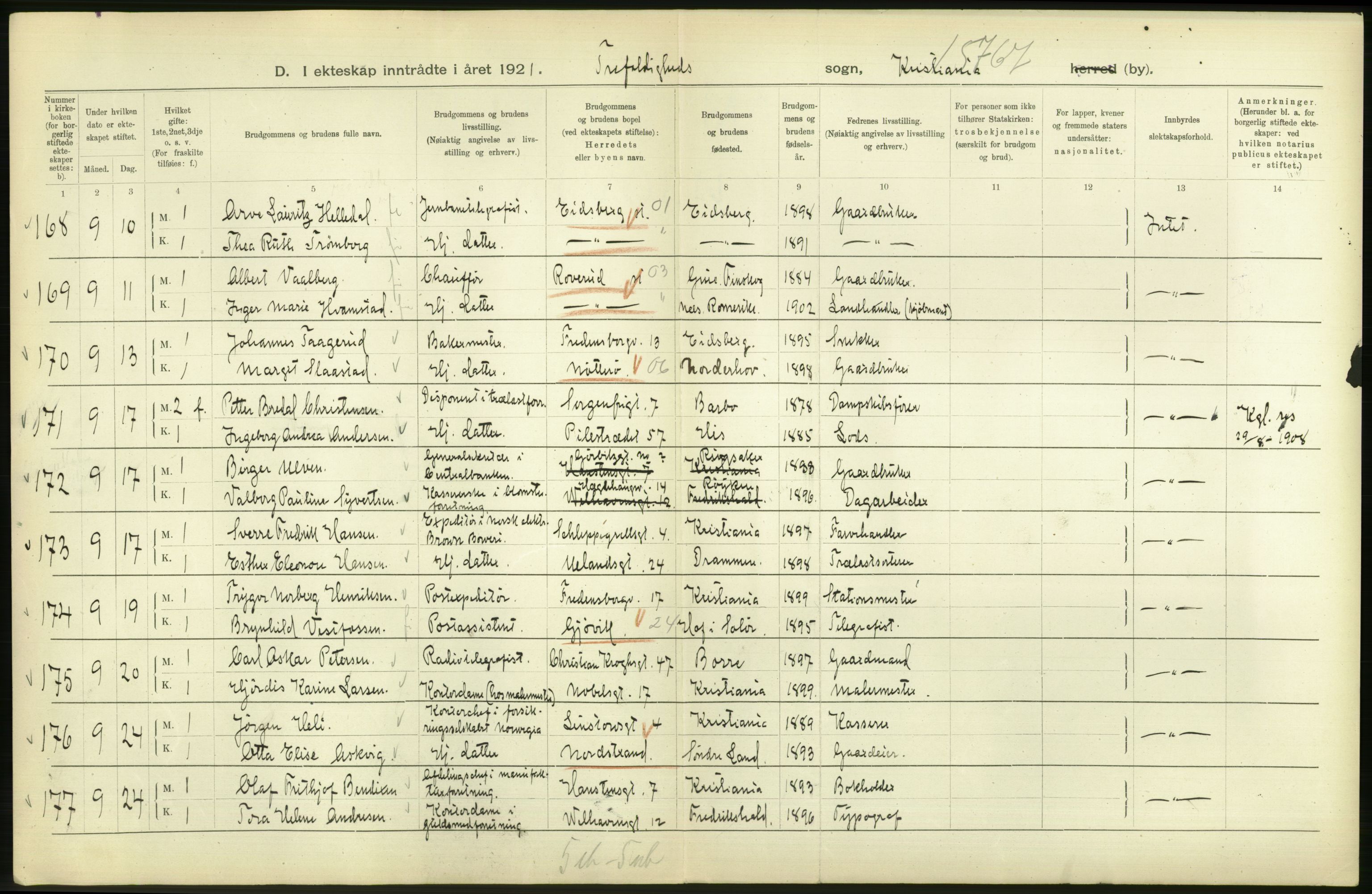 Statistisk sentralbyrå, Sosiodemografiske emner, Befolkning, AV/RA-S-2228/D/Df/Dfc/Dfca/L0011: Kristiania: Gifte, 1921, p. 42