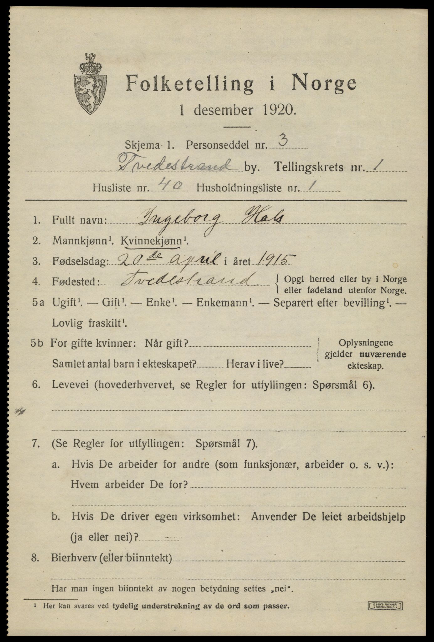 SAK, 1920 census for Tvedestrand, 1920, p. 1723
