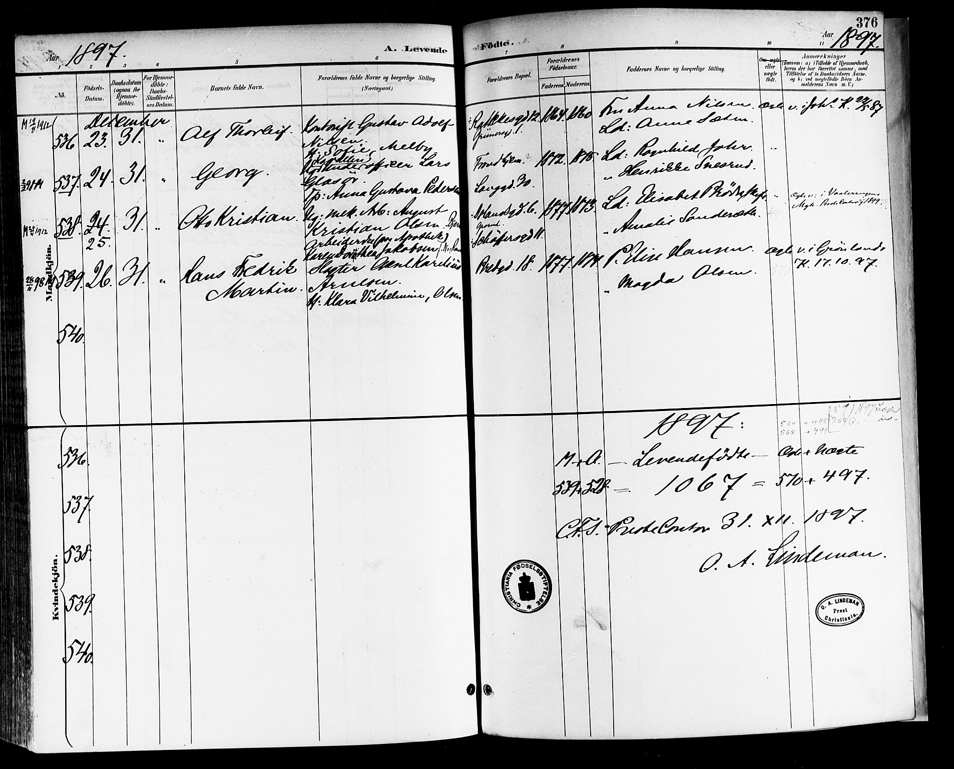 Rikshospitalet prestekontor Kirkebøker, AV/SAO-A-10309b/F/L0009: Parish register (official) no. 9, 1894-1897, p. 376