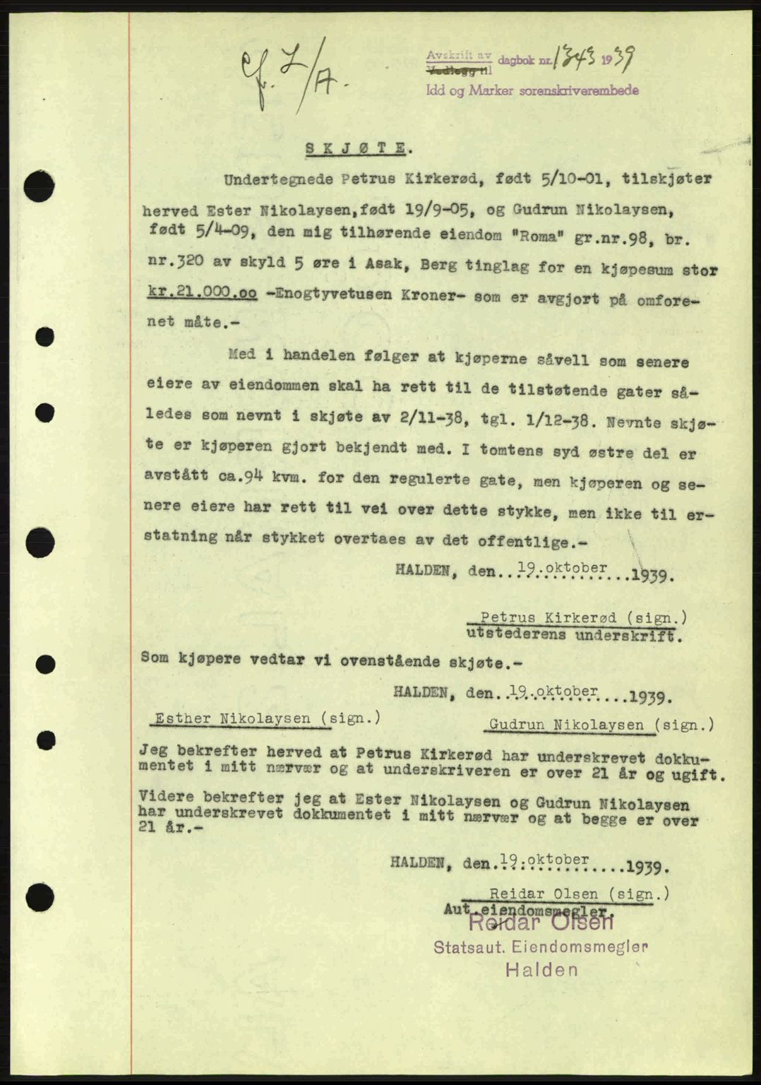 Idd og Marker sorenskriveri, AV/SAO-A-10283/G/Gb/Gbb/L0003: Mortgage book no. A3, 1938-1939, Diary no: : 1343/1939