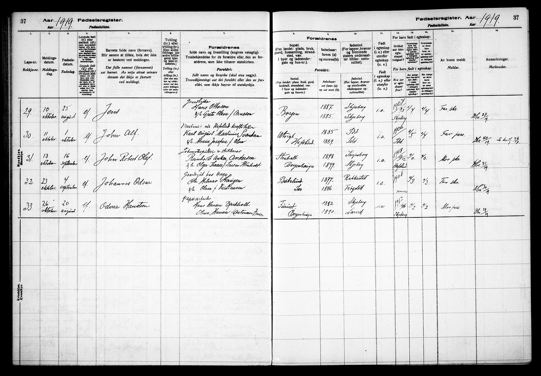 Skjeberg prestekontor Kirkebøker, AV/SAO-A-10923/J/Jd/L0001: Birth register no. IV 1, 1916-1935, p. 37