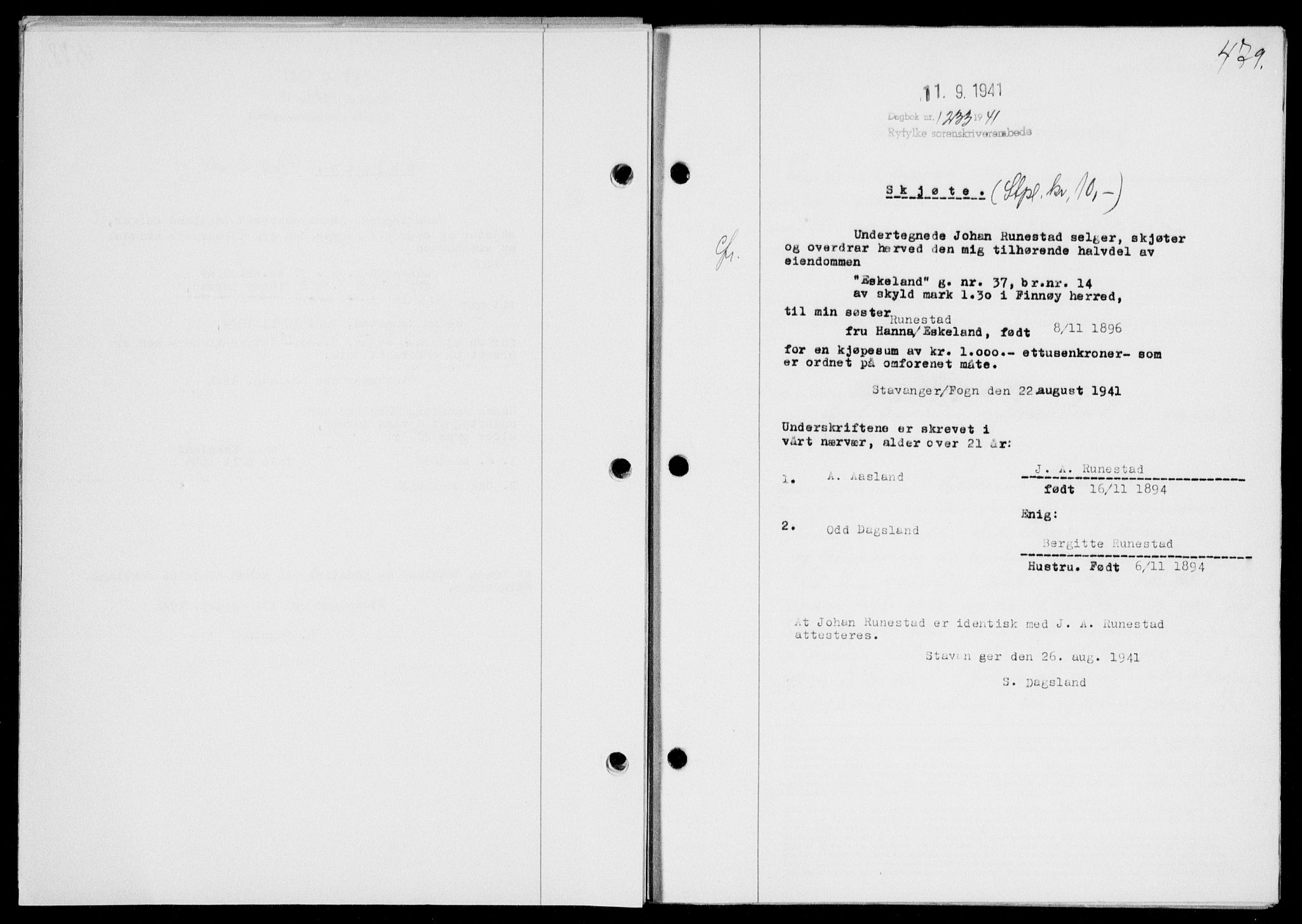 Ryfylke tingrett, SAST/A-100055/001/II/IIB/L0085: Mortgage book no. 64, 1941-1941, Diary no: : 1233/1941