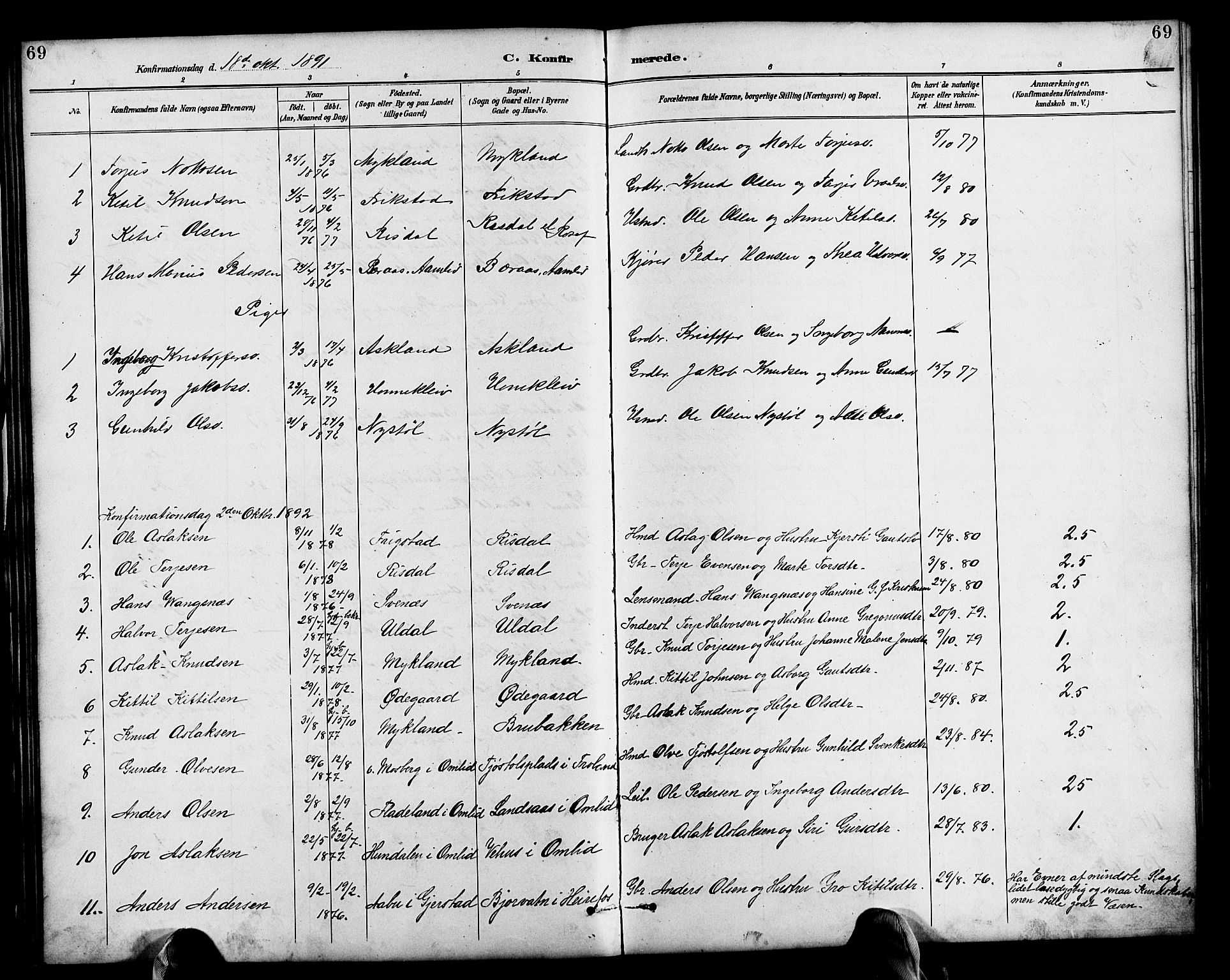 Herefoss sokneprestkontor, AV/SAK-1111-0019/F/Fb/Fbc/L0003: Parish register (copy) no. B 3, 1887-1915, p. 69