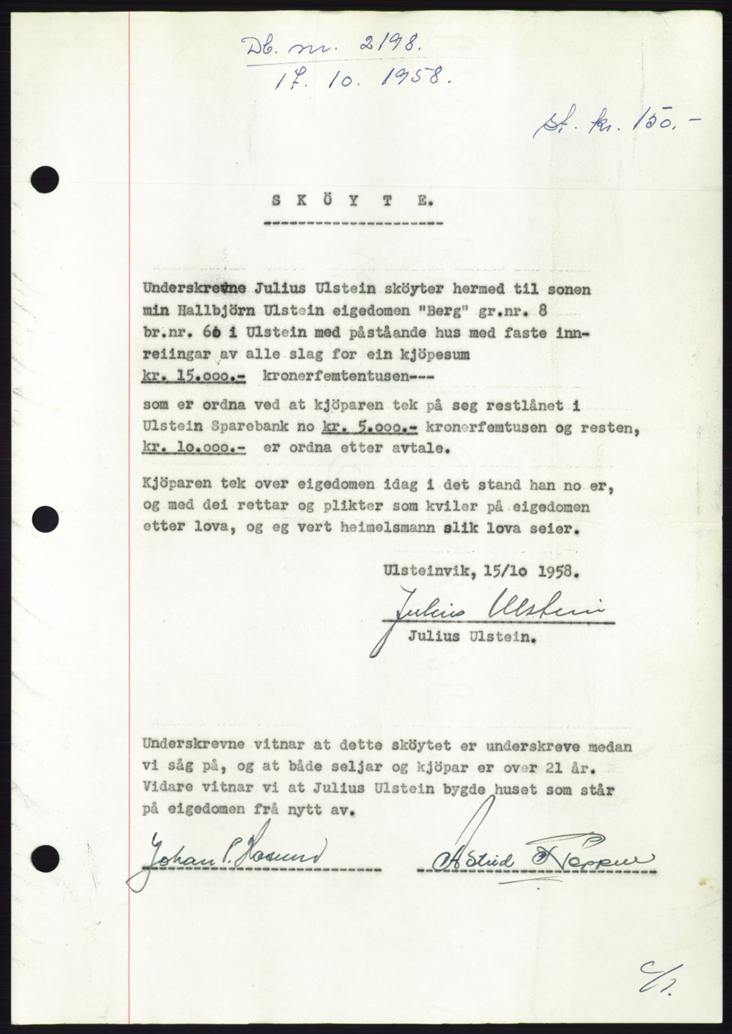 Søre Sunnmøre sorenskriveri, AV/SAT-A-4122/1/2/2C/L0110: Mortgage book no. 36A, 1958-1958, Diary no: : 2198/1958